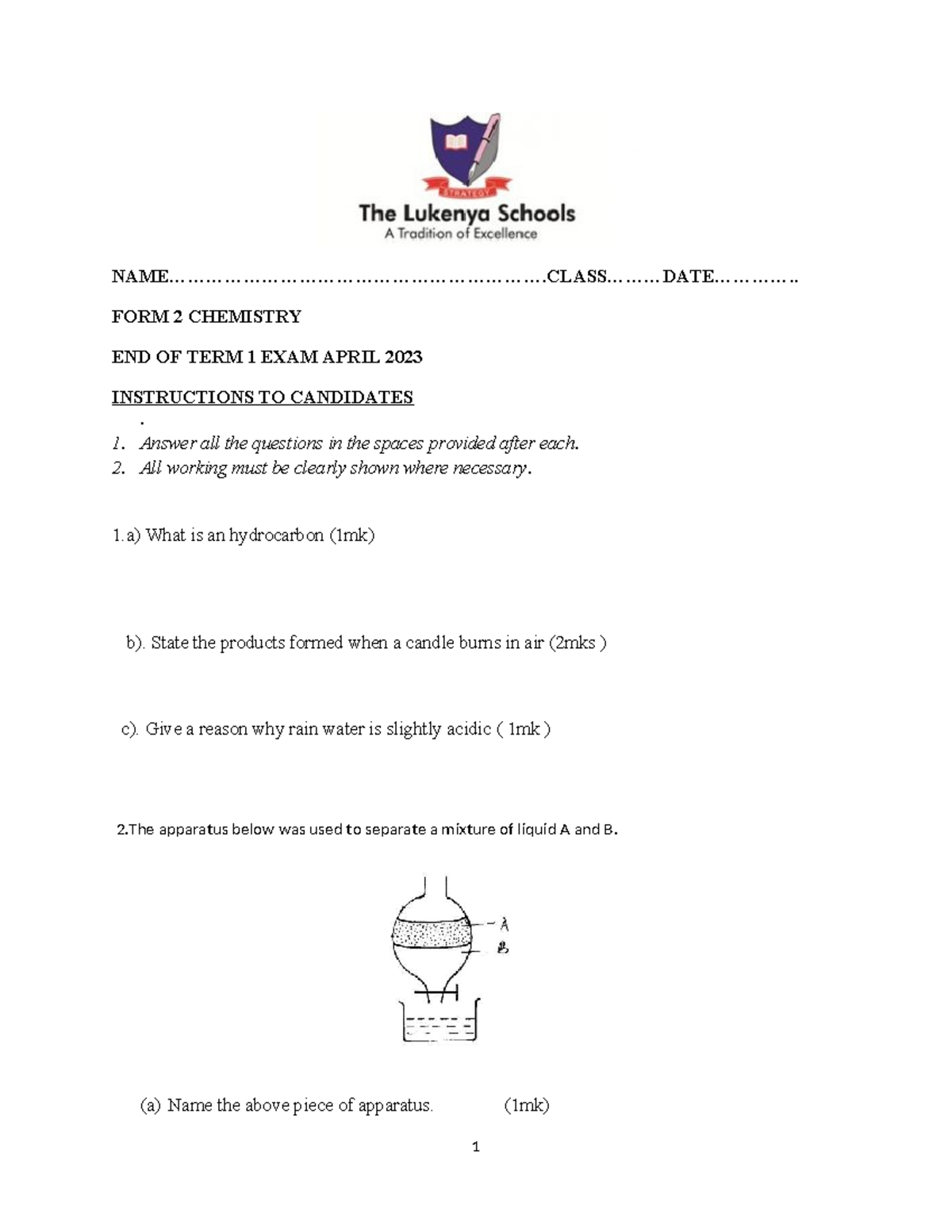End Of Term 1 Chemistry Exam Form 2 April 2023 Studocu