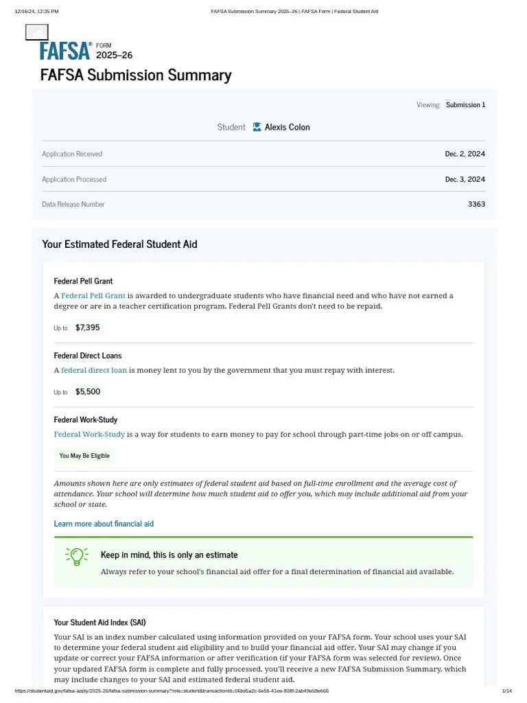 FAFSA Submission Summary 2025 26 FAFSA Form Federal Student 