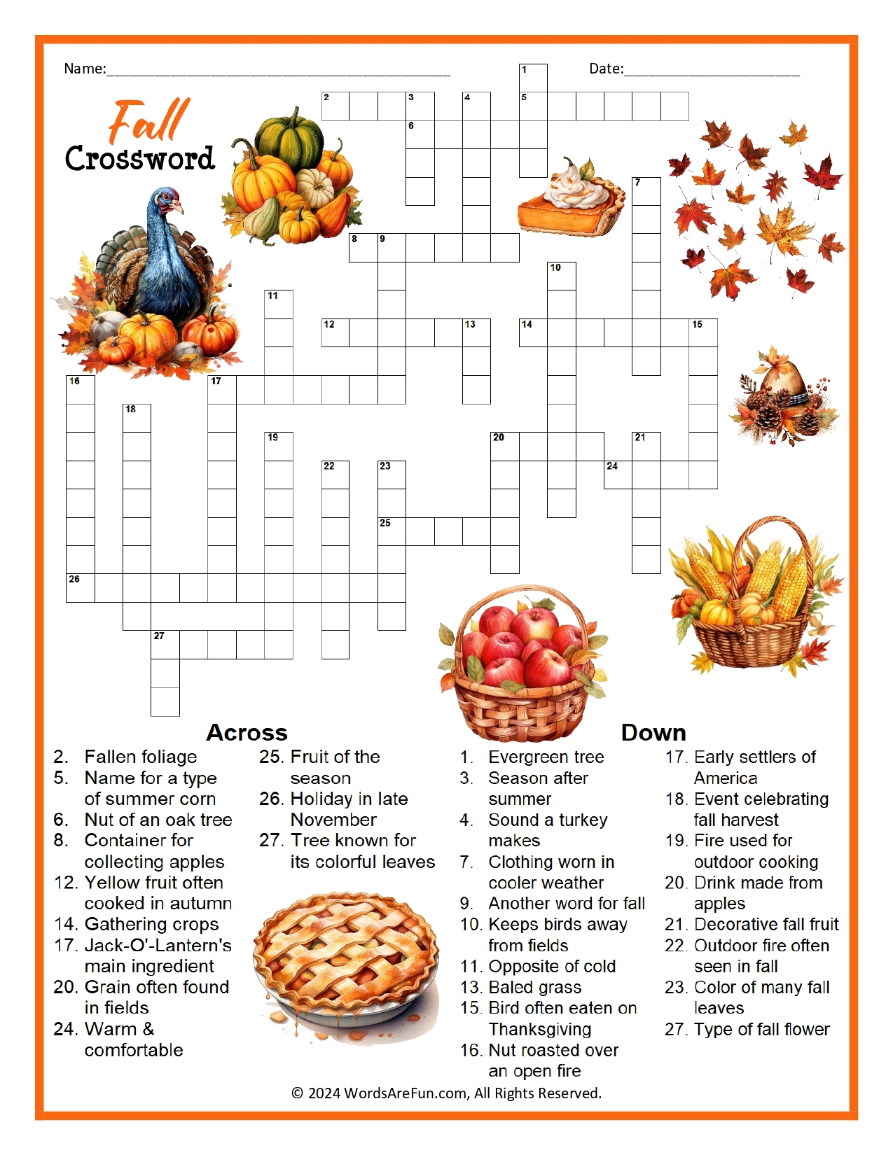 Printable Fall Crossword Puzzle For Adults
