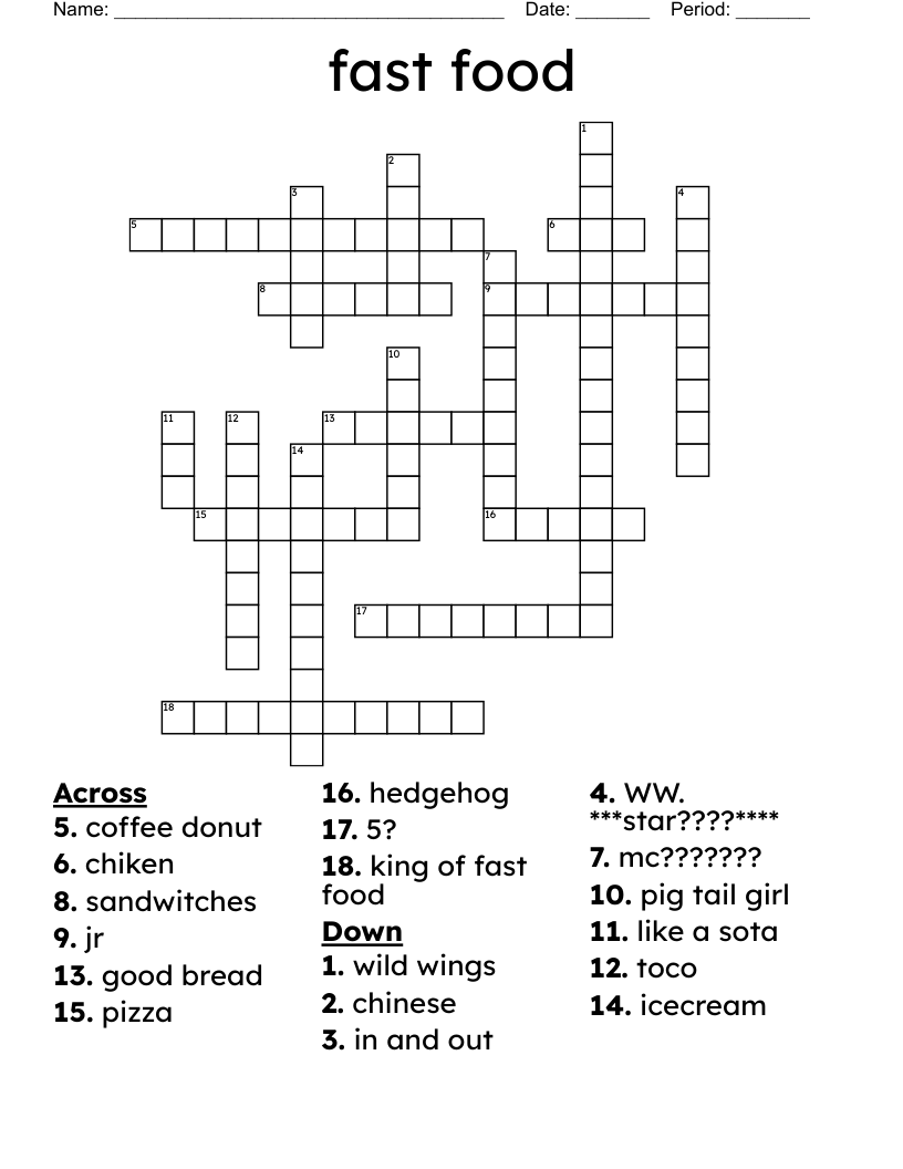 Cooking Crossword Puzzles Printable