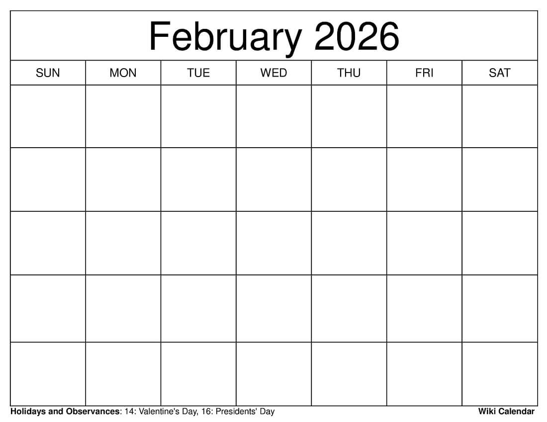 Blank Printable Calendar Feb 2026
