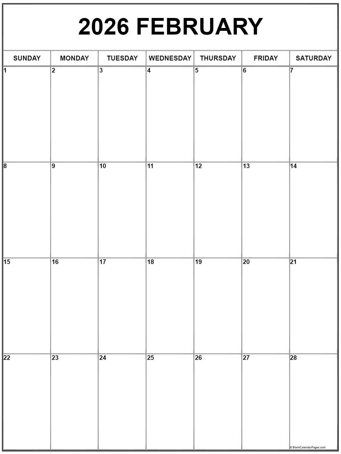 February 2026 Vertical Calendar Portrait