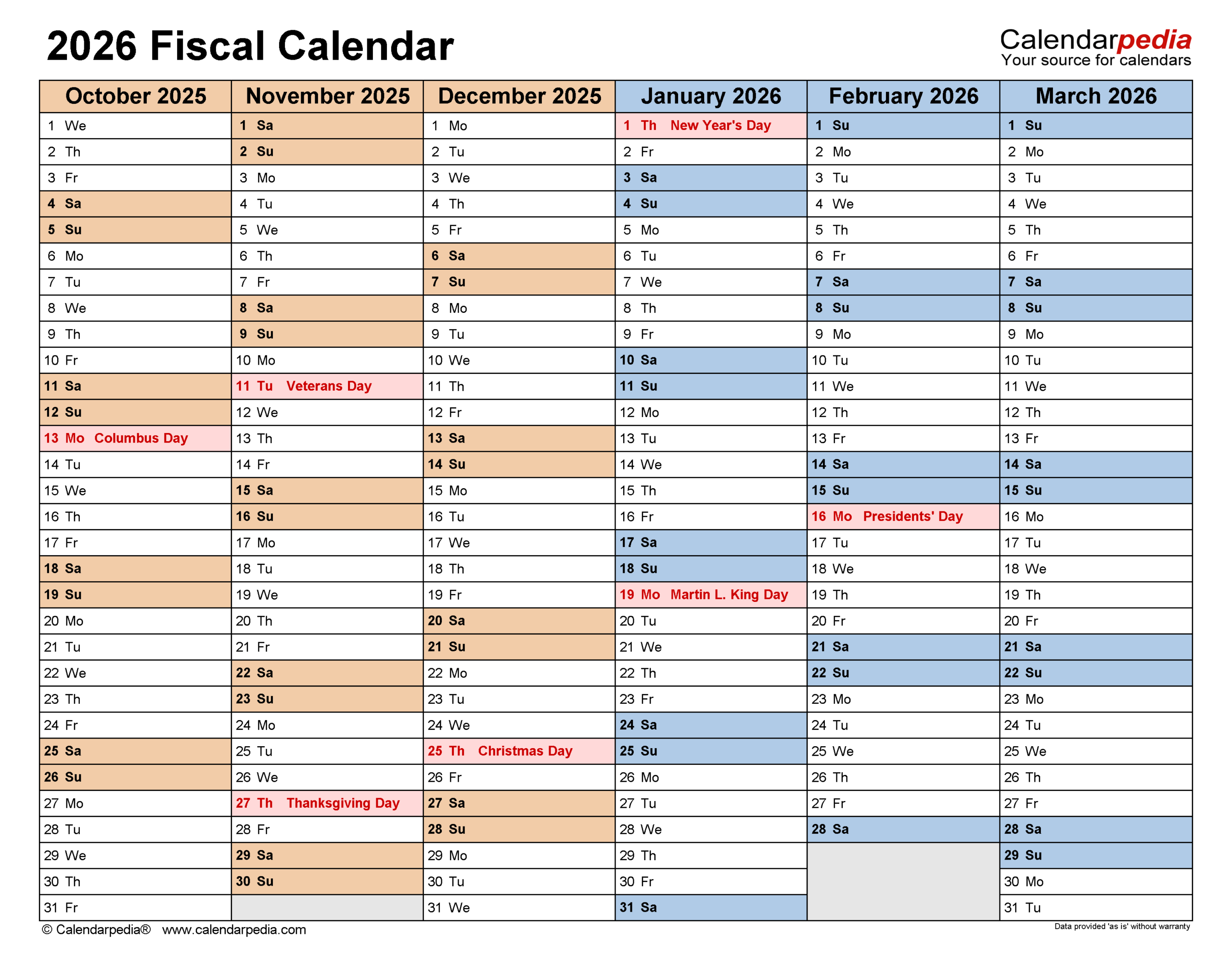 Fiscal Year 2026 Calendar Printable