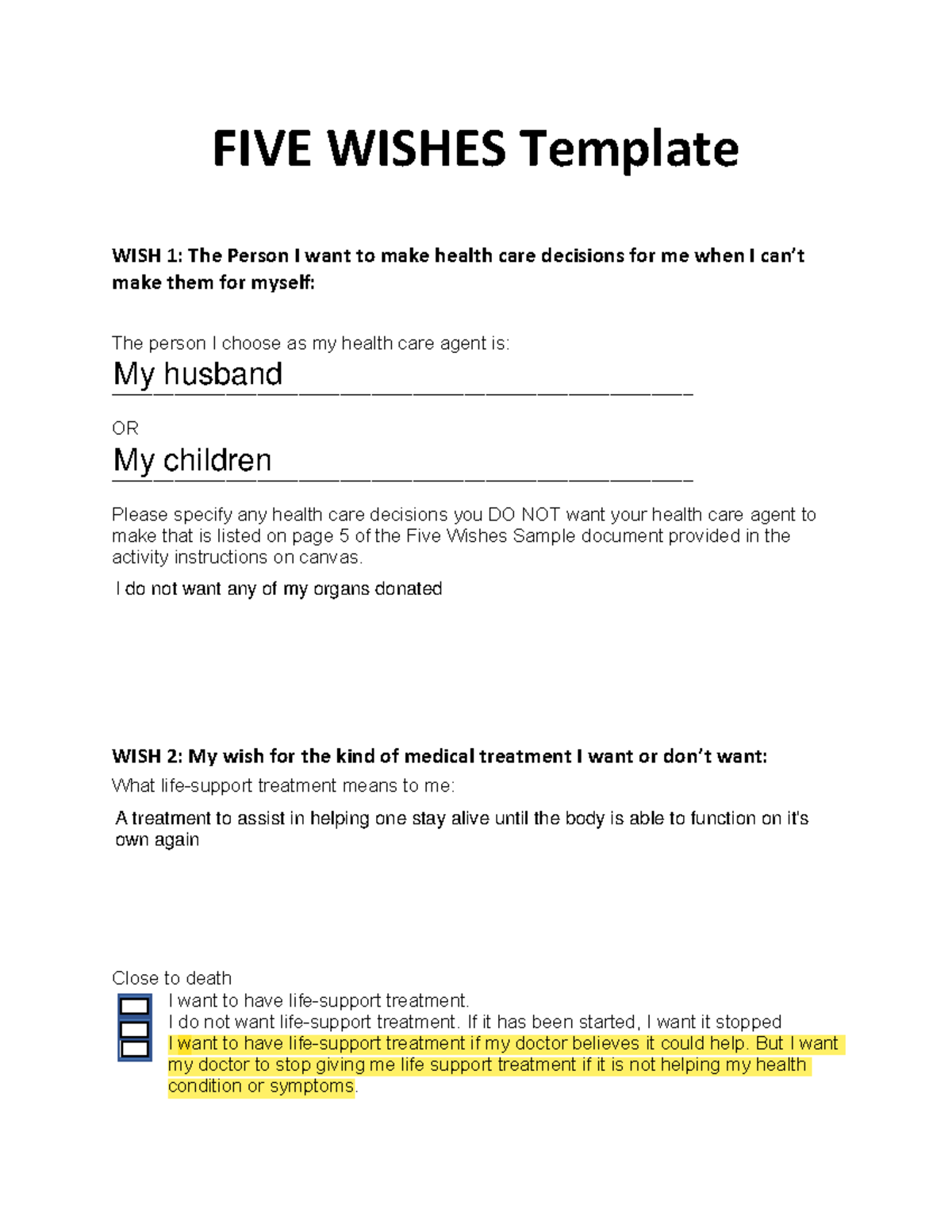 Five Wishes Template For Health Care Decisions And Treatments 