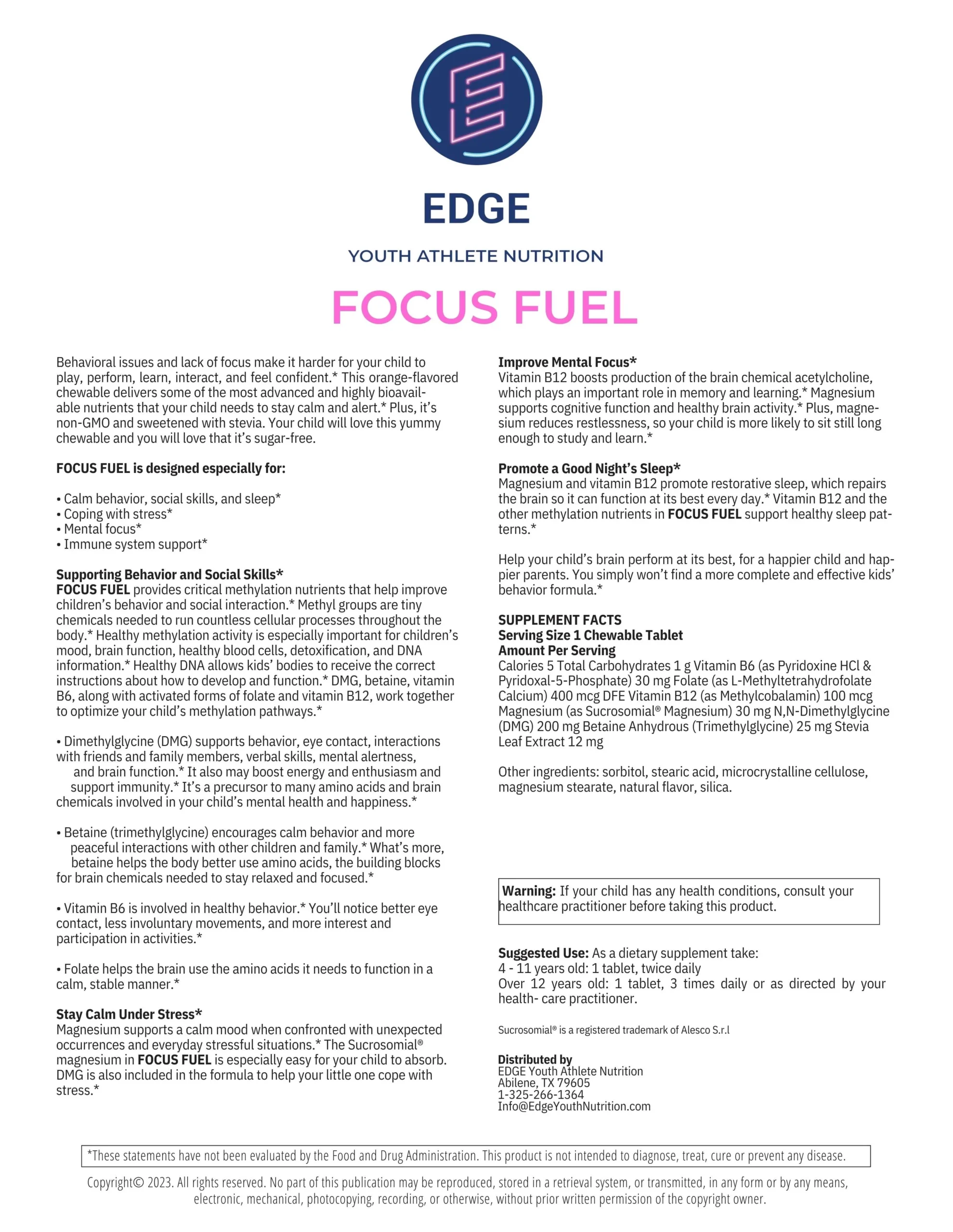 Focus Fuel Chewable 90 Count EDGE Youth Athlete Nutrition