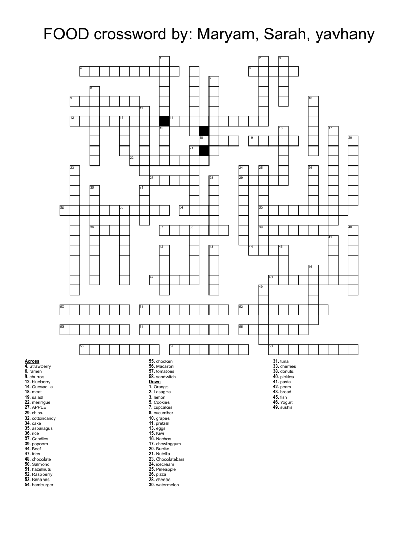 FOOD Crossword By Maryam Sarah Yavhany WordMint