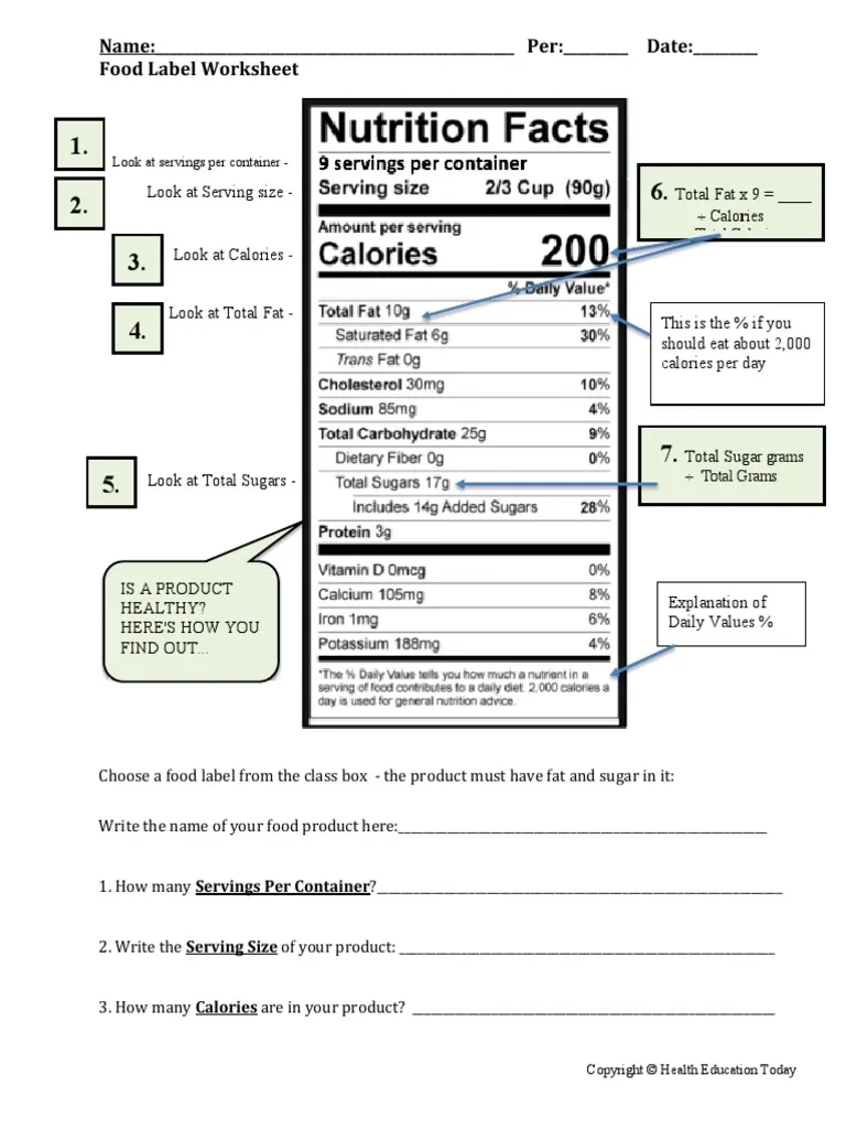 Food Label Worksheet PDF Fat Calorie