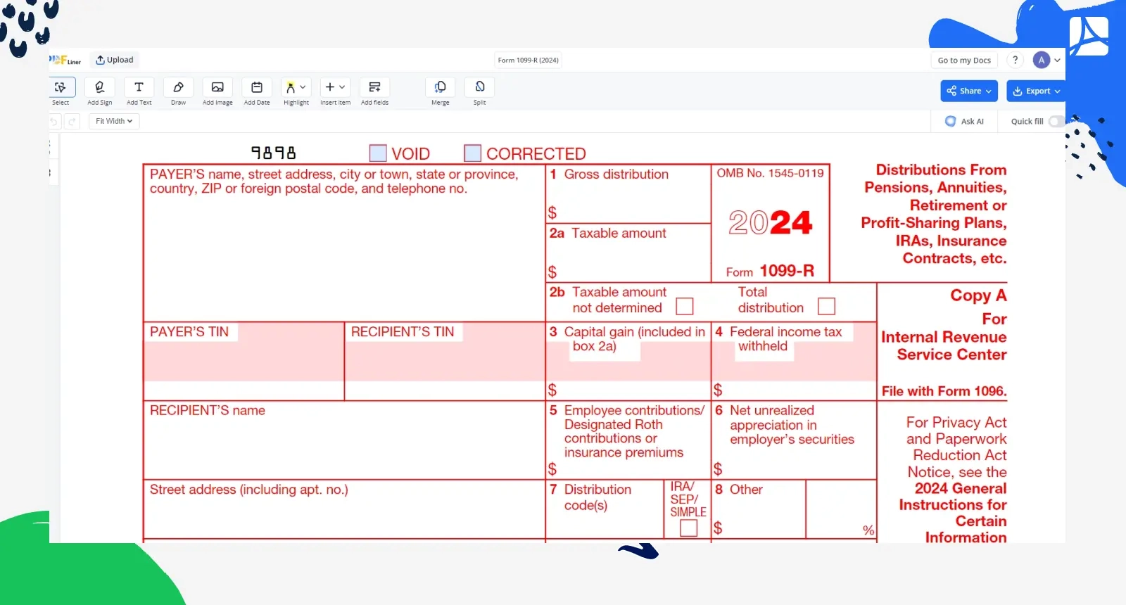 Form 1099 R 2024 Print And Sign Form 1099 R Online PDFliner