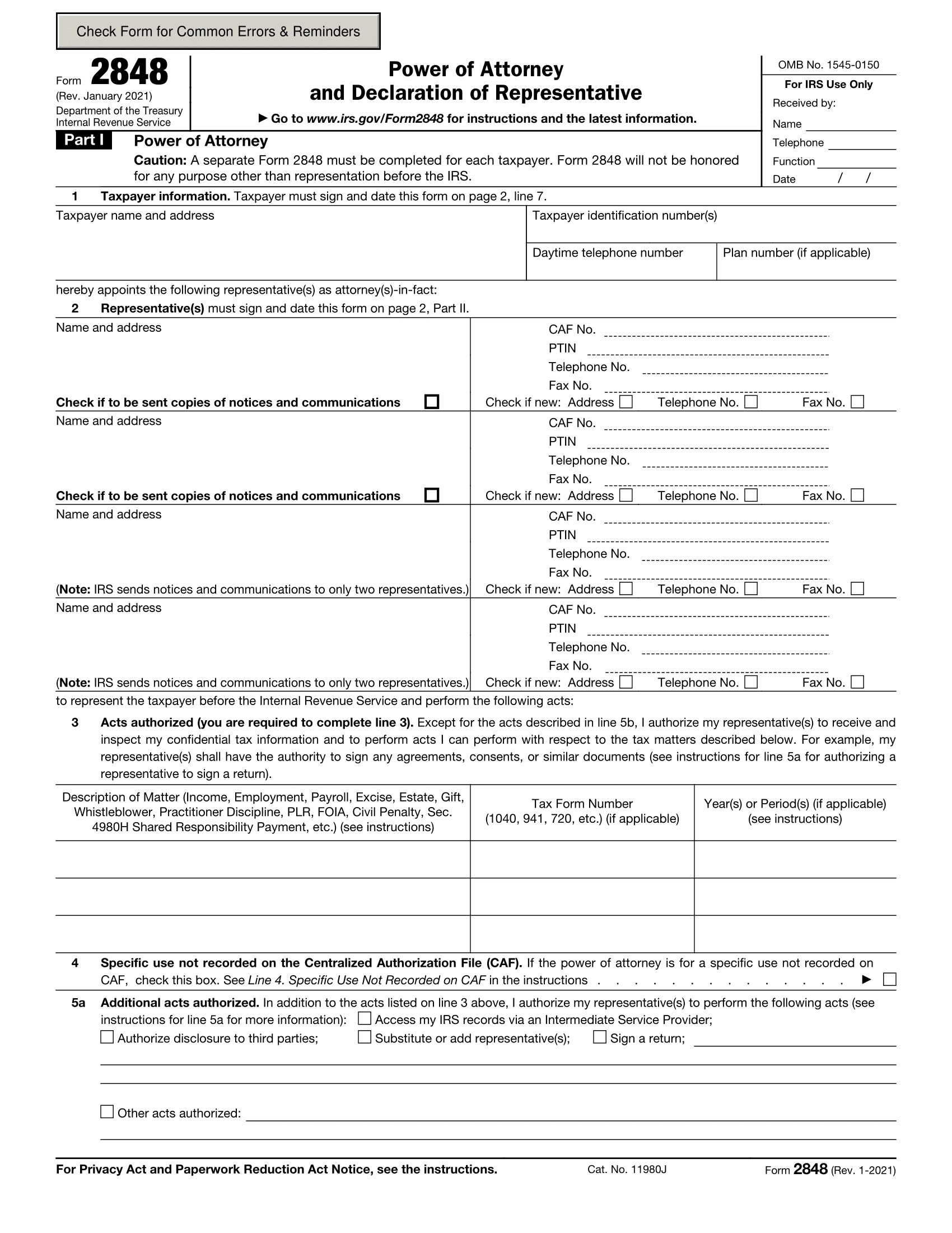 Irs Form 2848 Printable Pdf Format