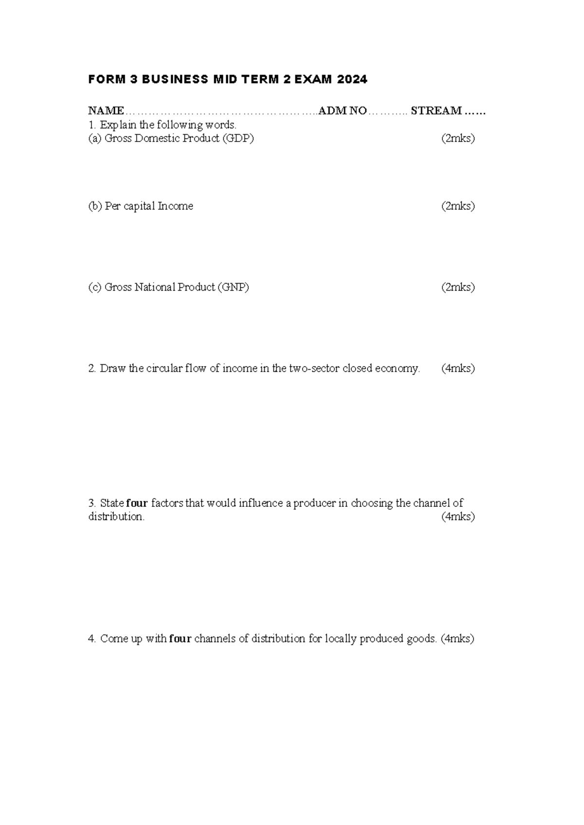 FORM 3 Business MID TERM 2 EXAM 2024 FORM 3 BUSINESS MID TERM 2 