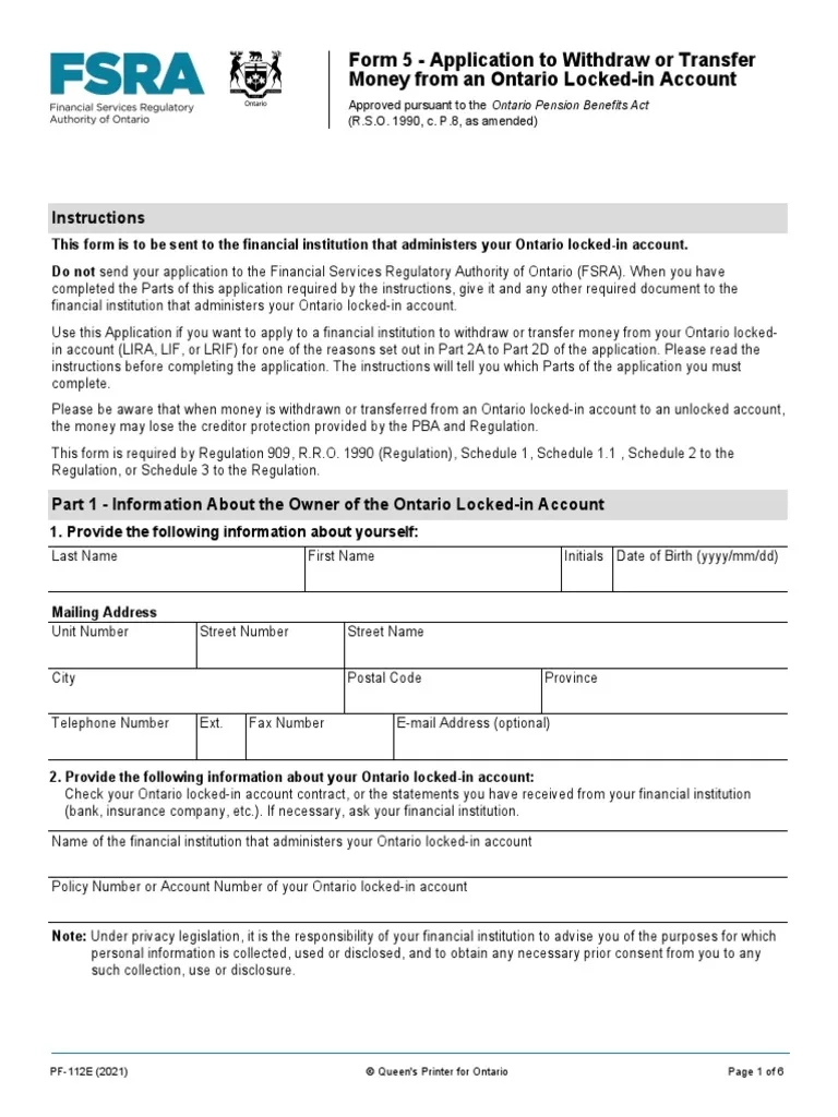Form 5 Application To Withdraw Or Transfer Money From An Ontario 