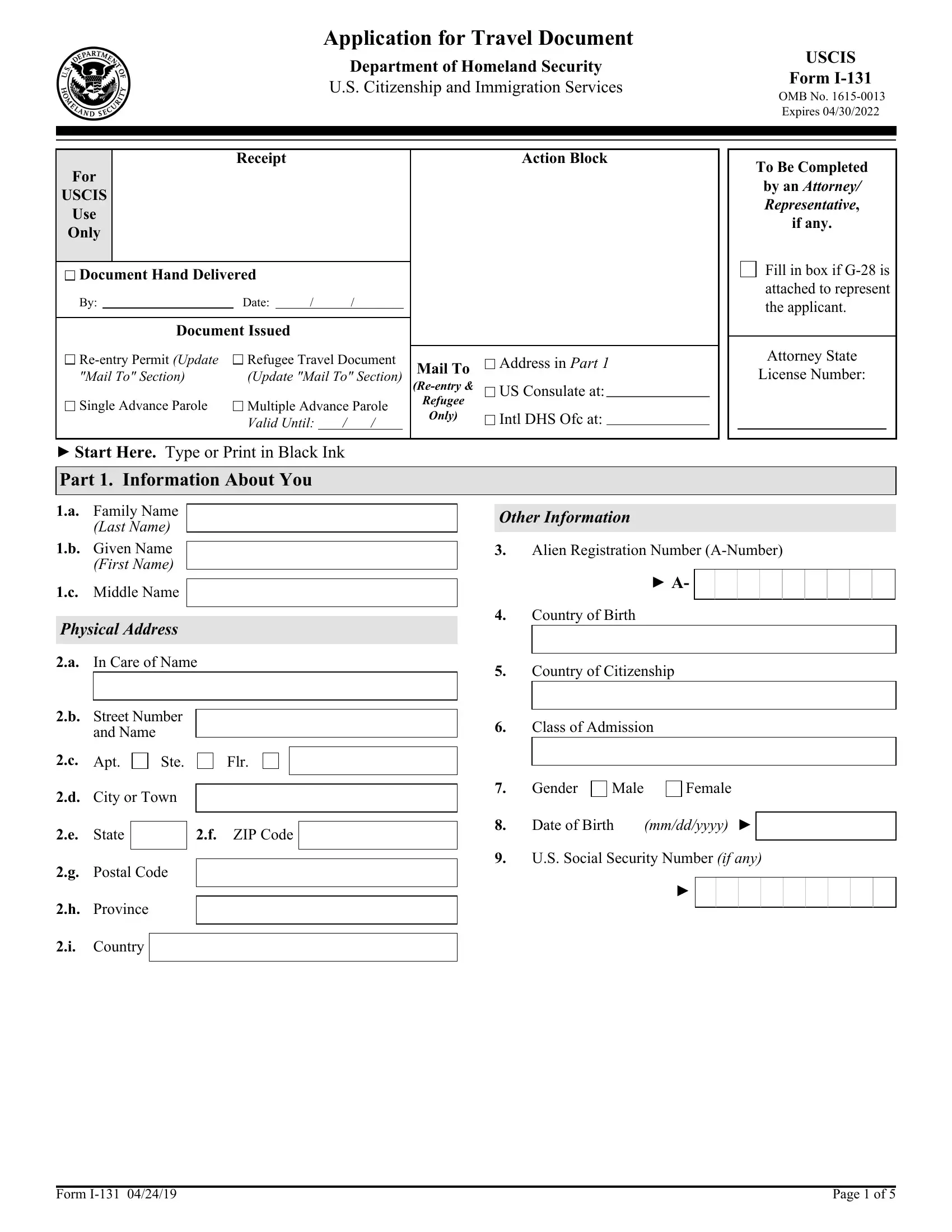 Form I 131 Fill Out Printable PDF Forms Online