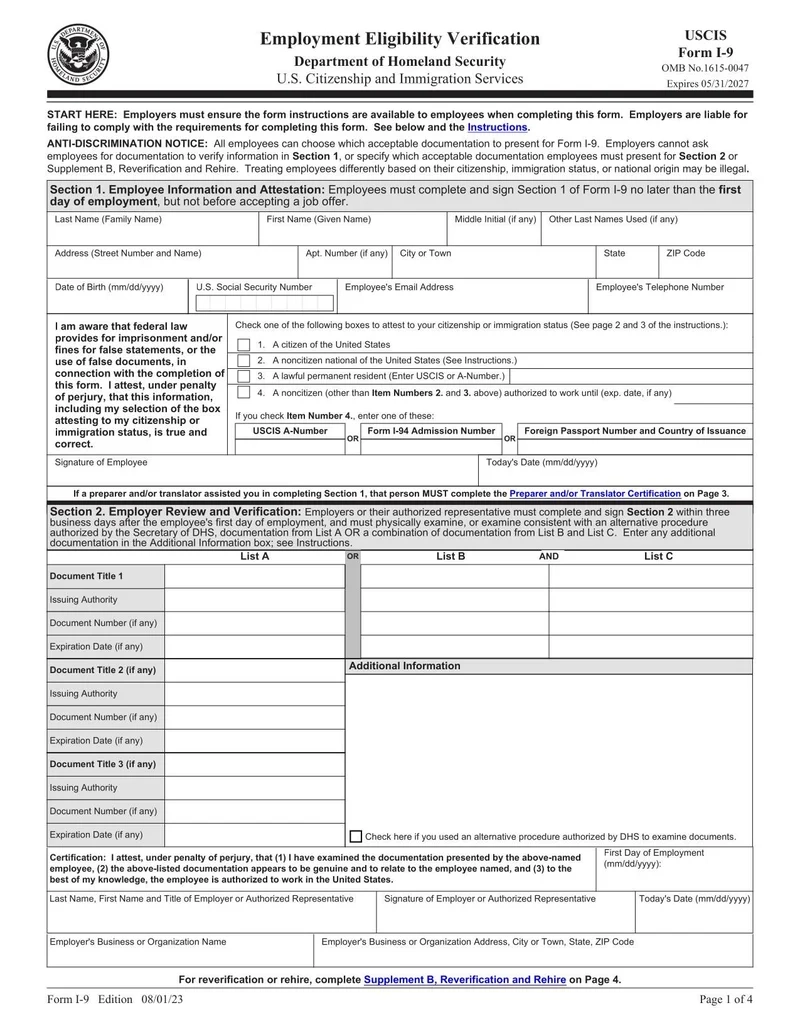 Printable Form I-9 Employment Verification