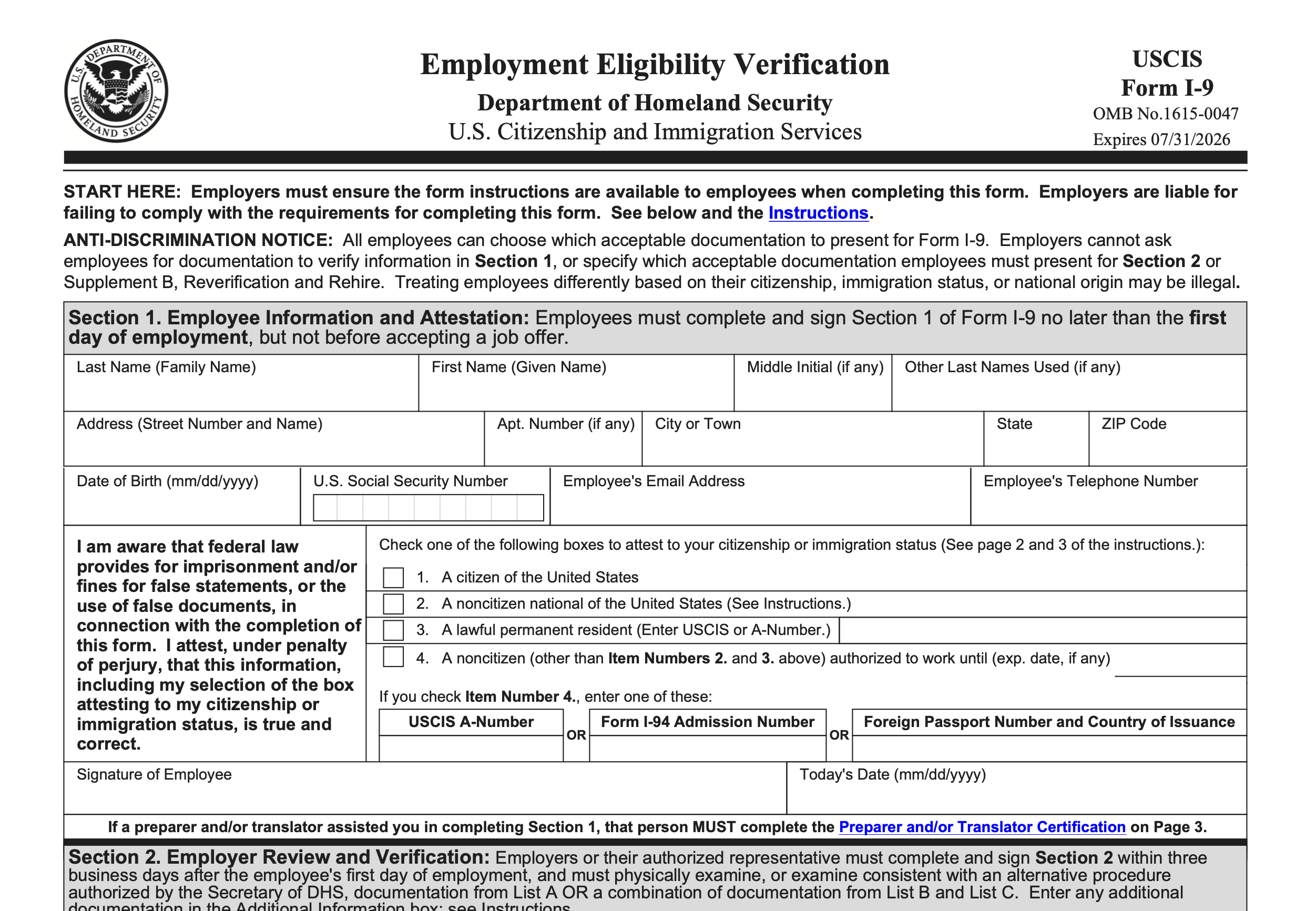 Form I 9 Spanish Version Printable