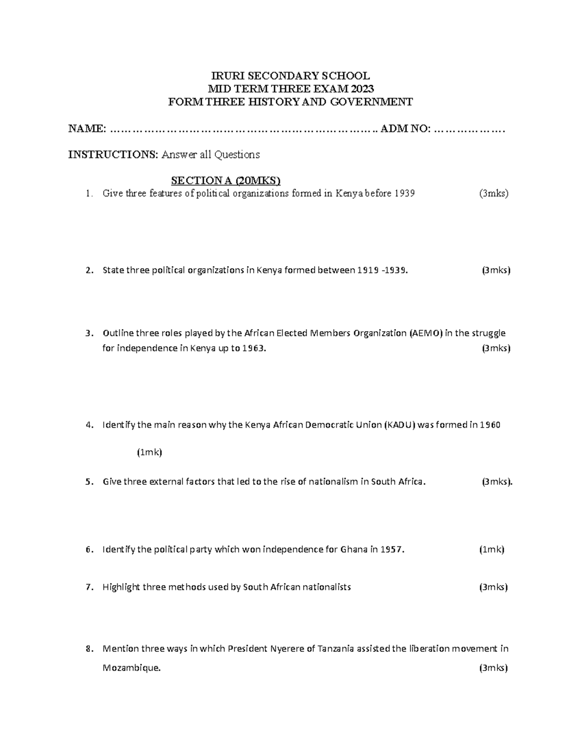 Form Three History Mid Term Exam Questions 2023 Iruri School 