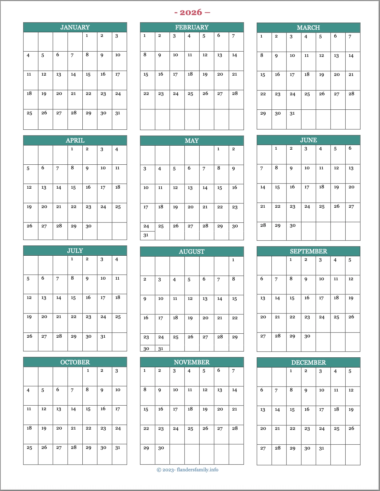 2026 Calendar Printable Template Free