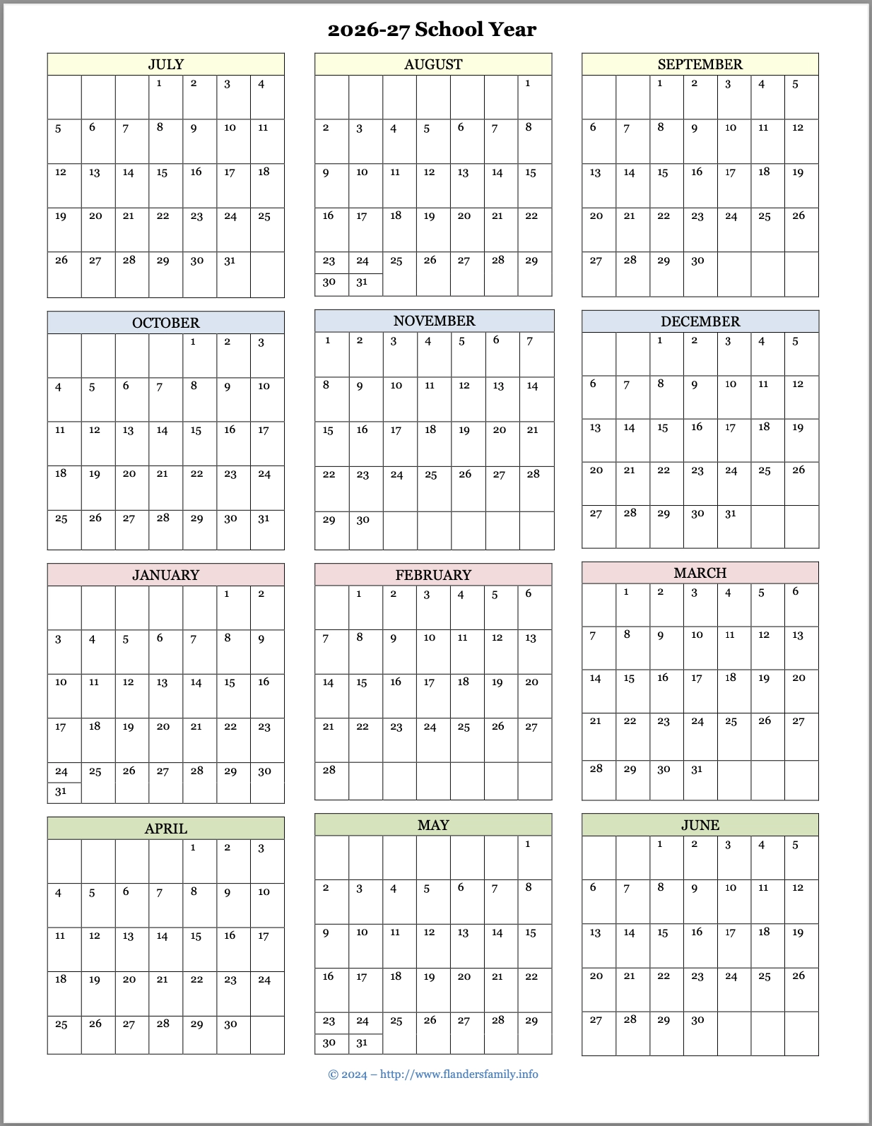 Blank 2026-27 Printable Calendar