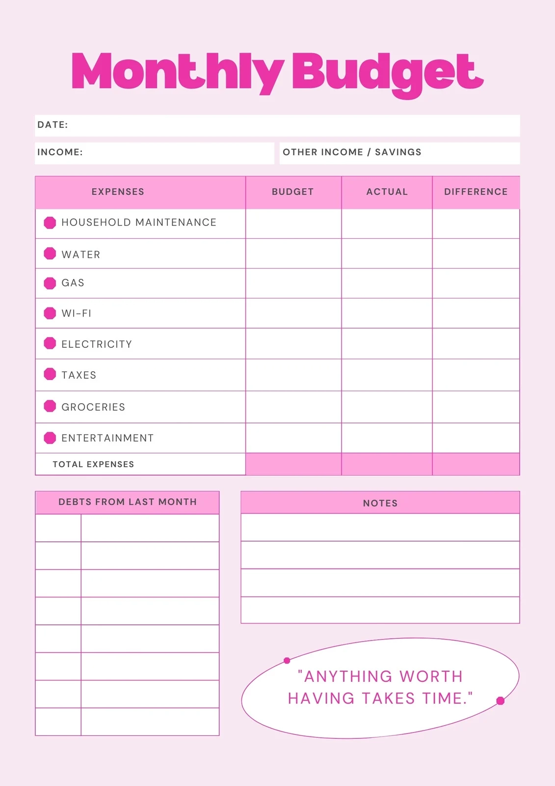 Free Printable Monthly Budget Worksheet