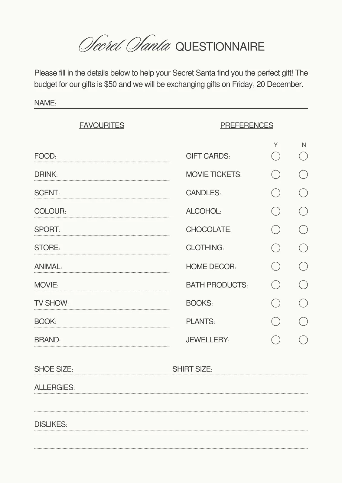 Secret Santa Printable Template