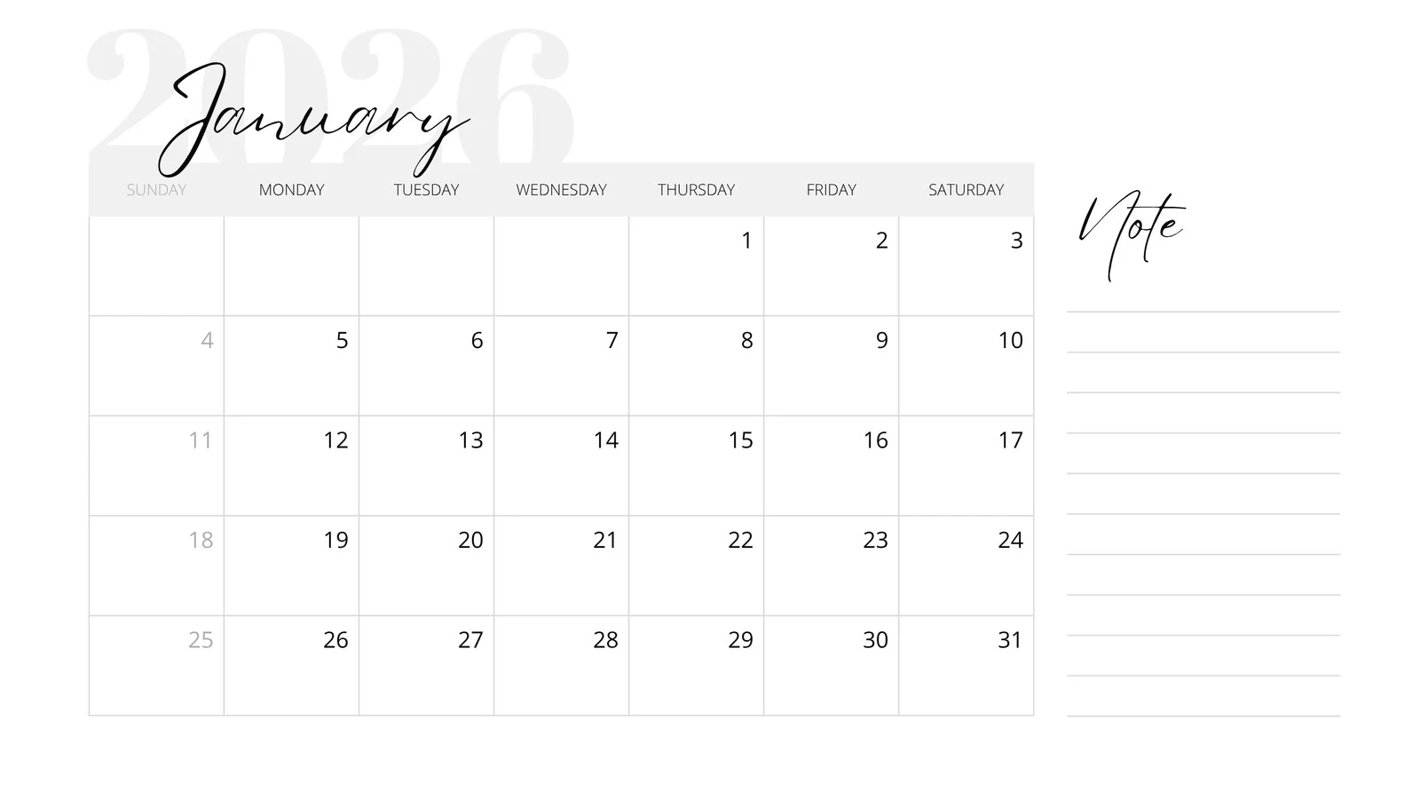 Blank Calendar For 2026 Printable