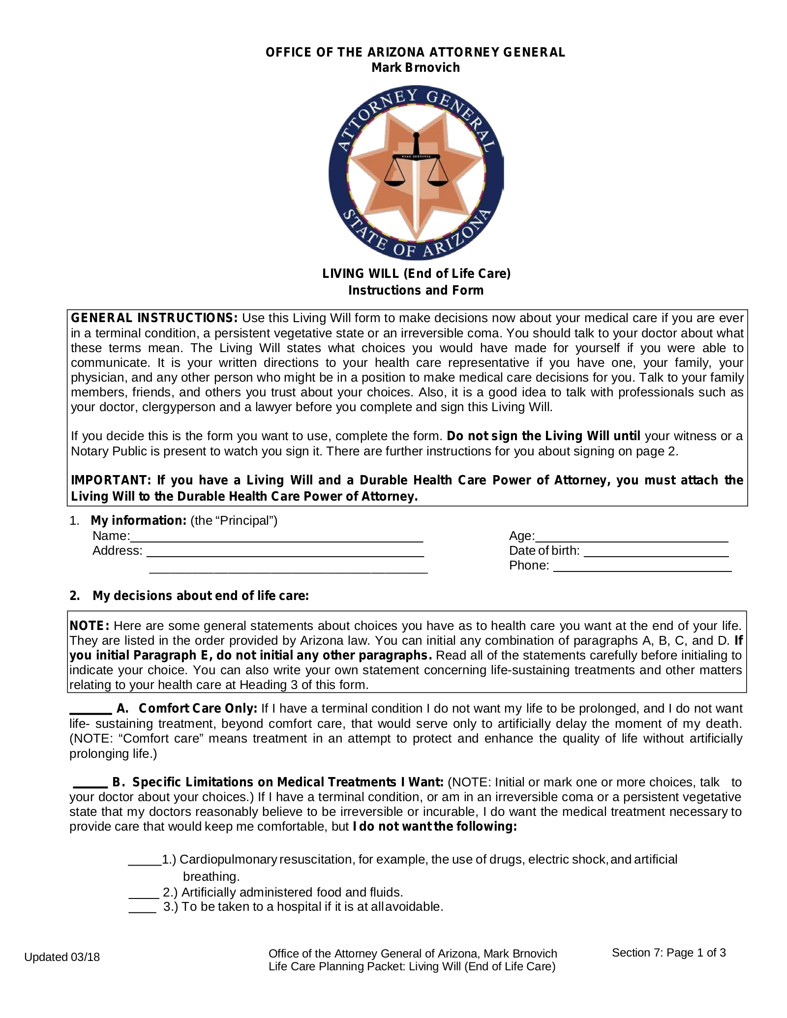 Free Arizona Living Will Form Template PDF EForms