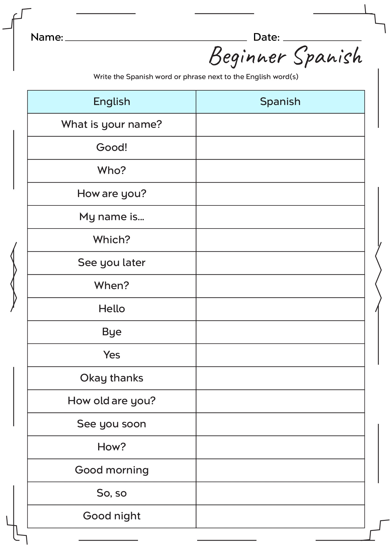 Spanish Printable Worksheets For Adults