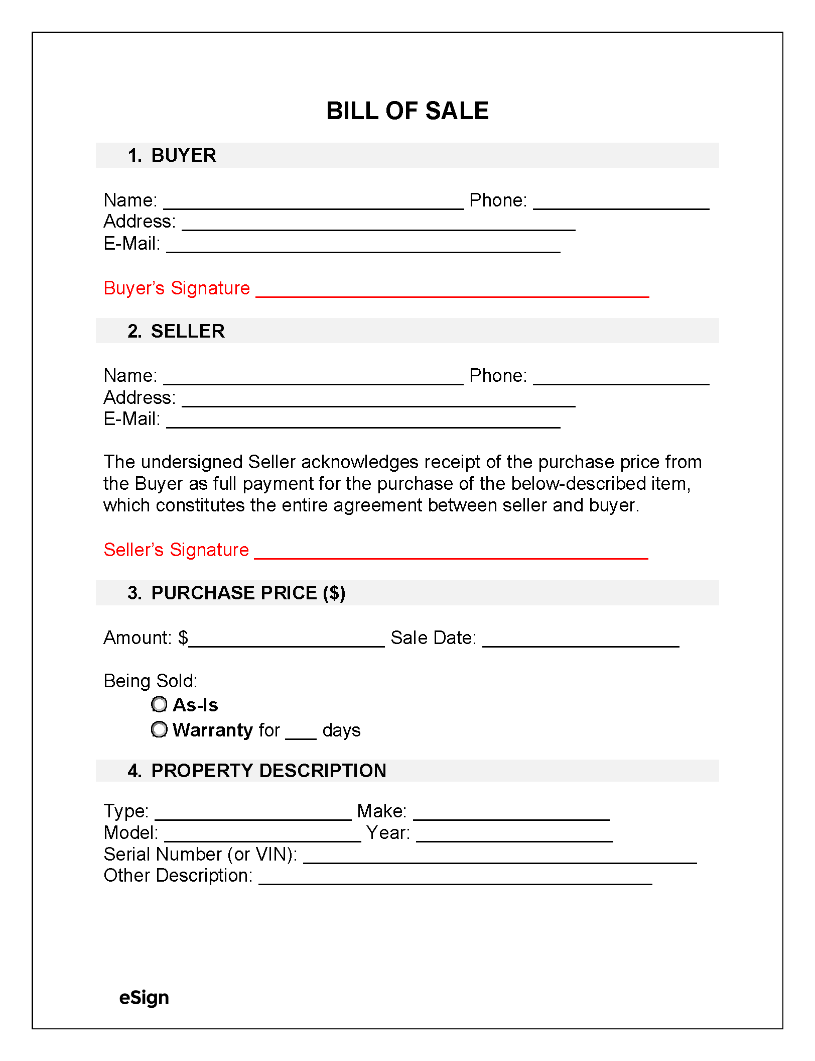 Bill Of Sale Form Printable Pdf