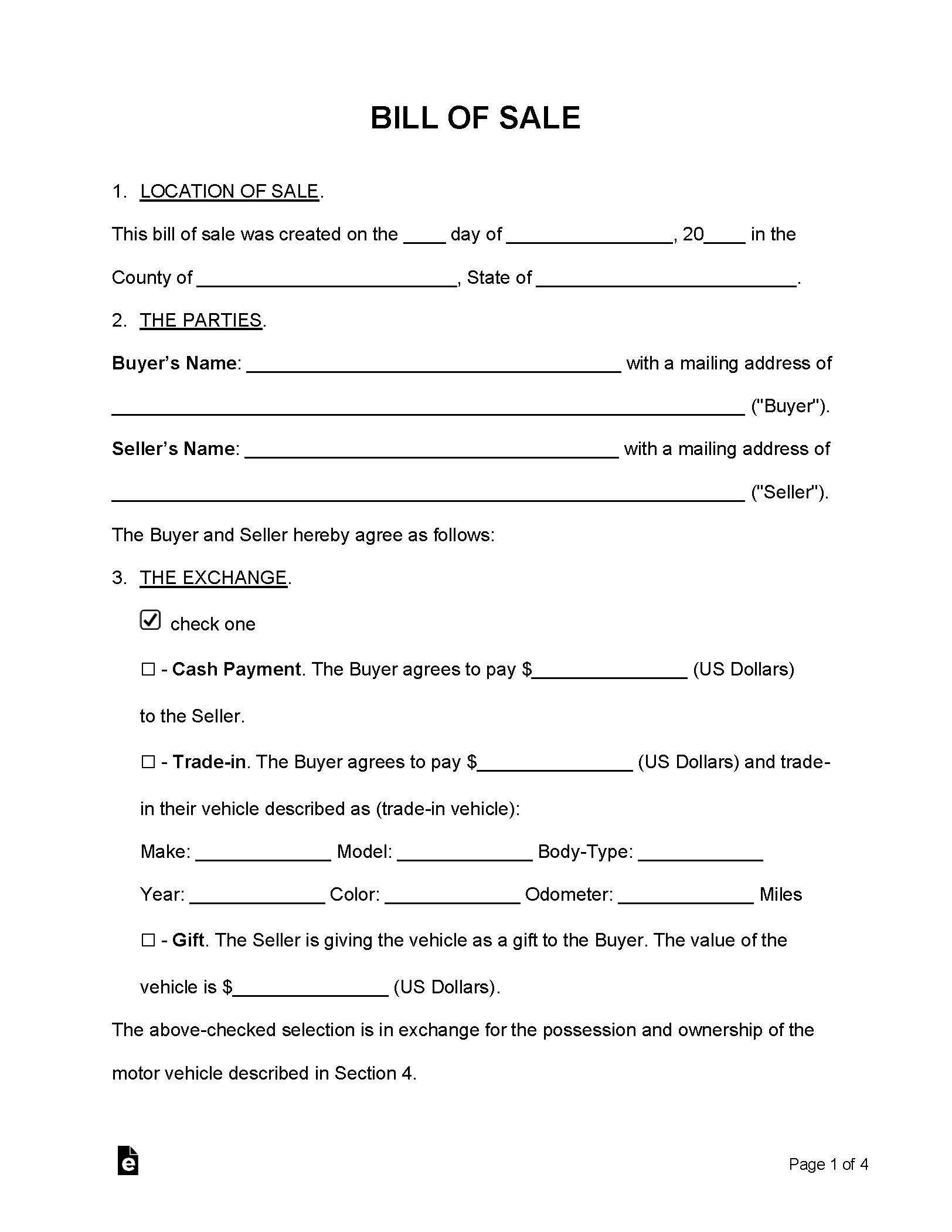 Bill Of Sale Form Free Printable Auto