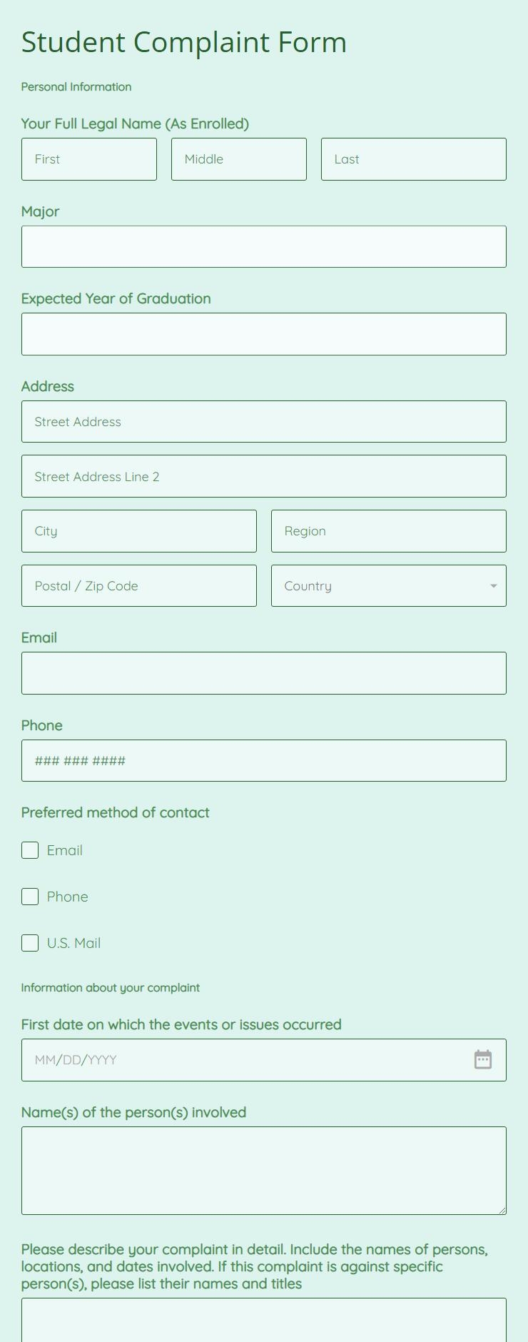Complaint Form Online Sample