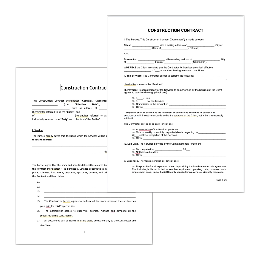 Printable Construction Contract Template