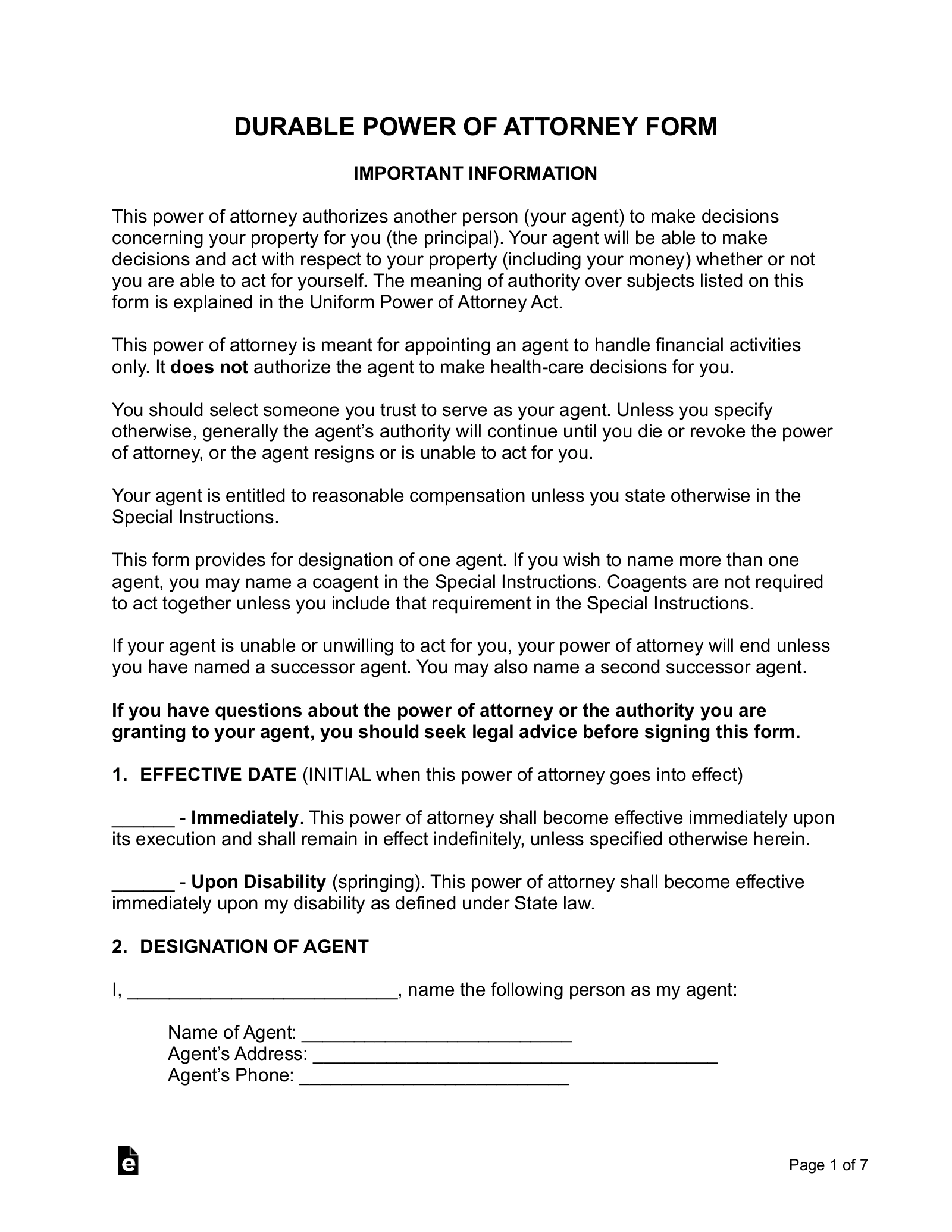 Durable Power Of Attorney Forms Printable Nv