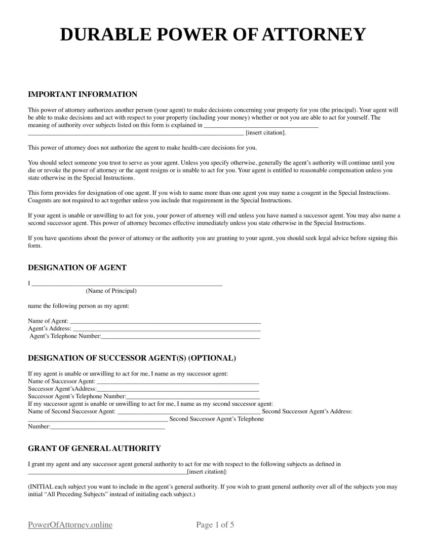 Durable Power Of Attorney Free Printable Form