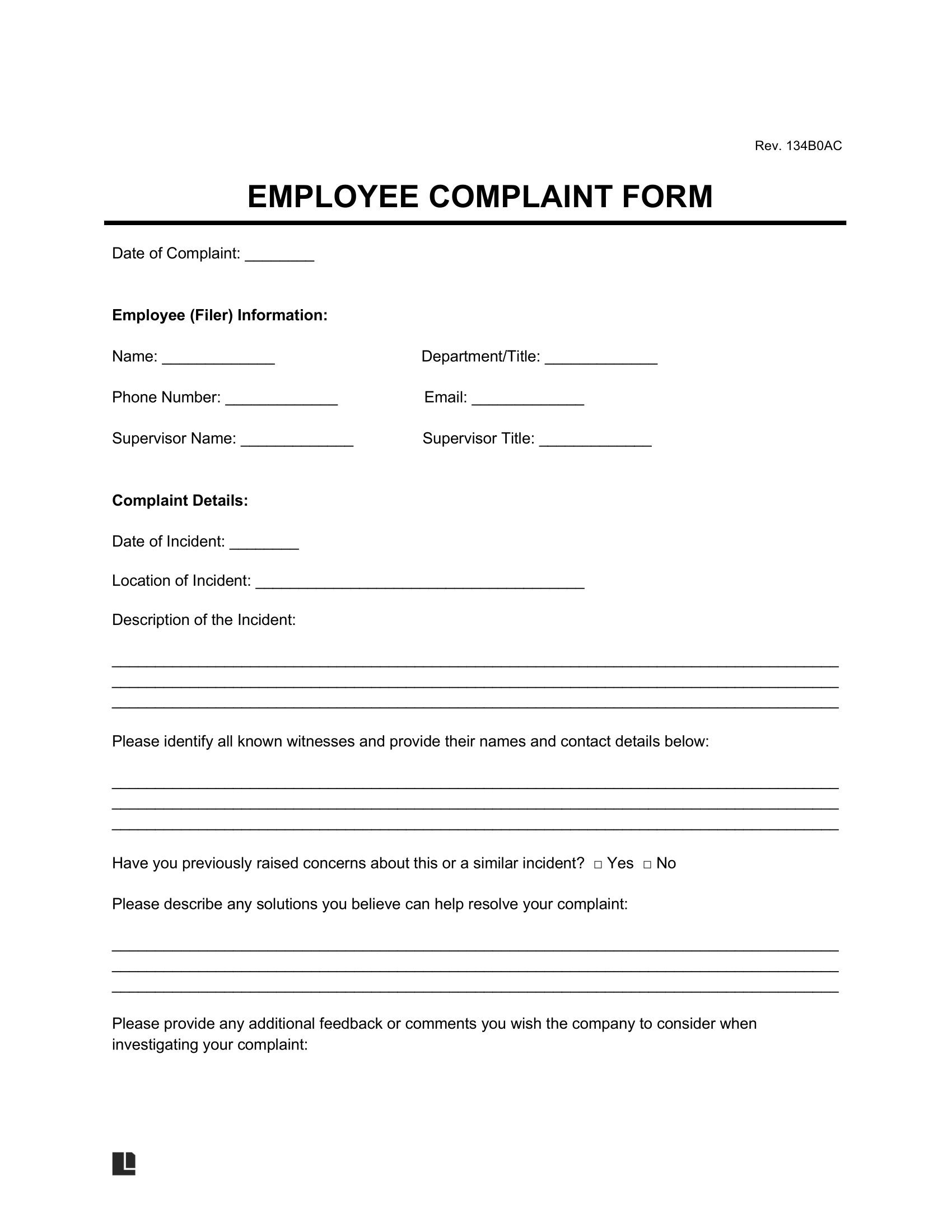 Free Employee Complaint Form PDF amp Word