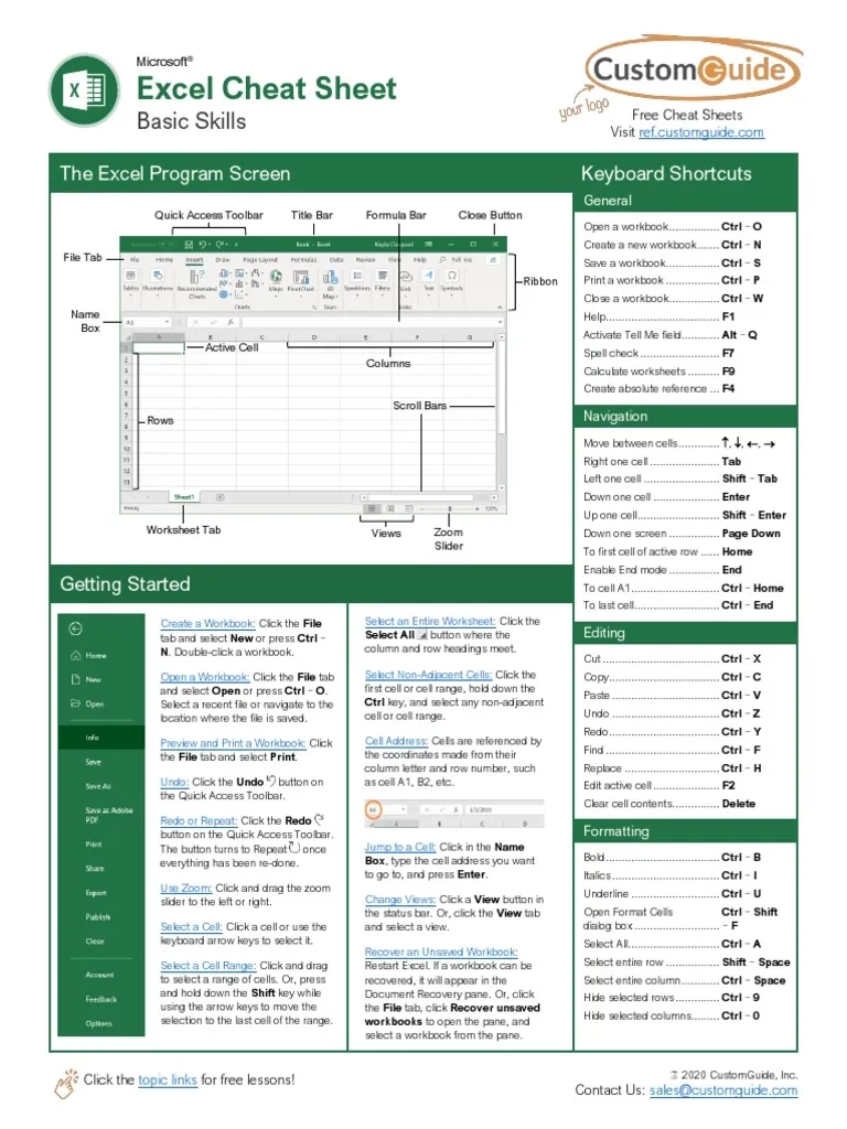 Excel Formula Cheat Sheet Printable Sum