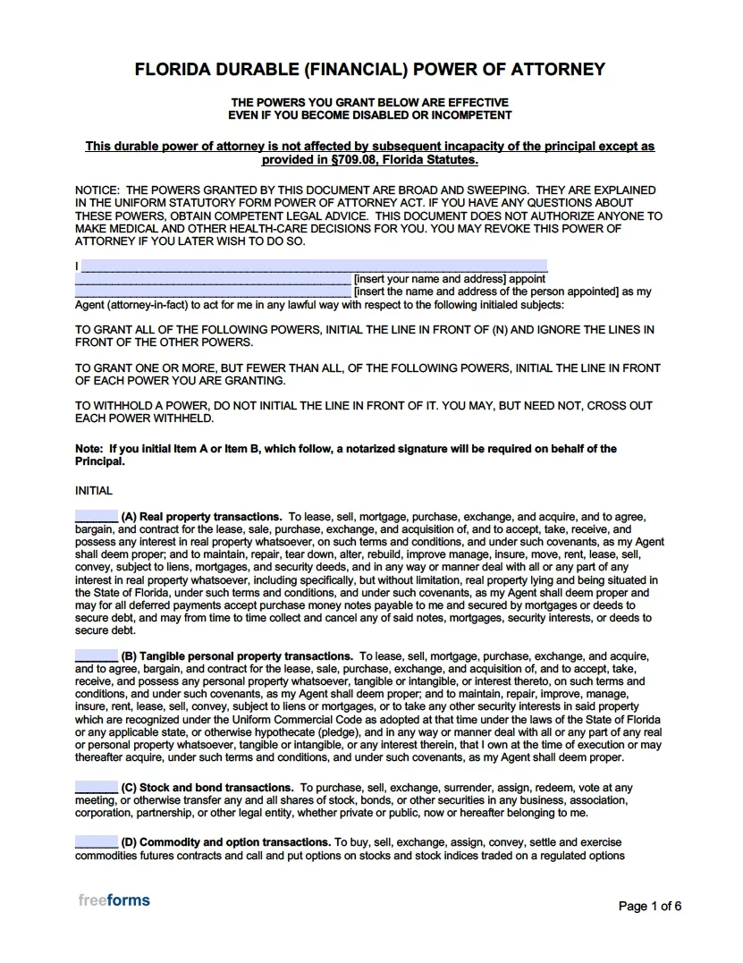 Florida Power Of Attorney Form Printable
