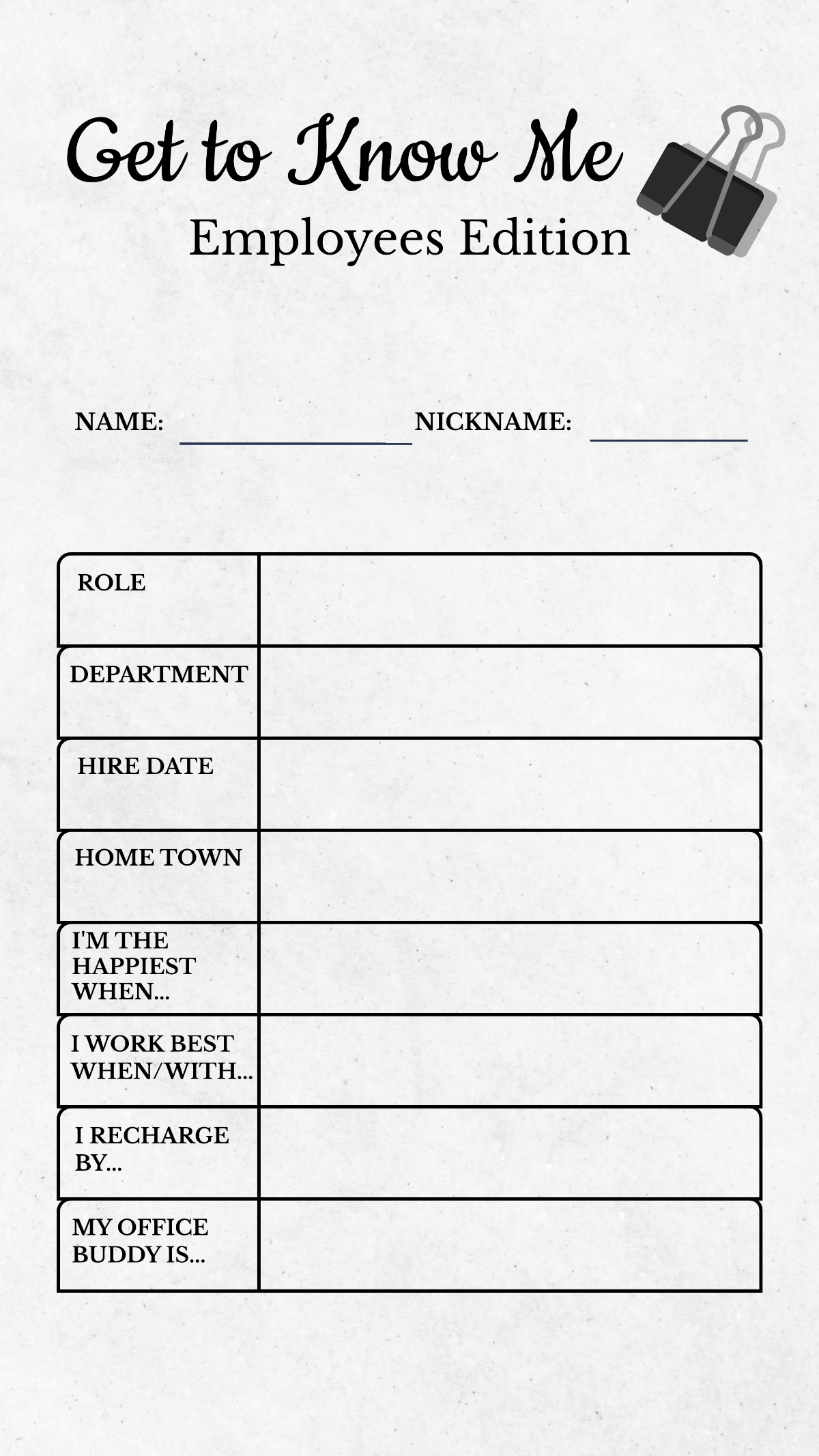 Free Printable Getting To Know Your Employees Questionnaire Template