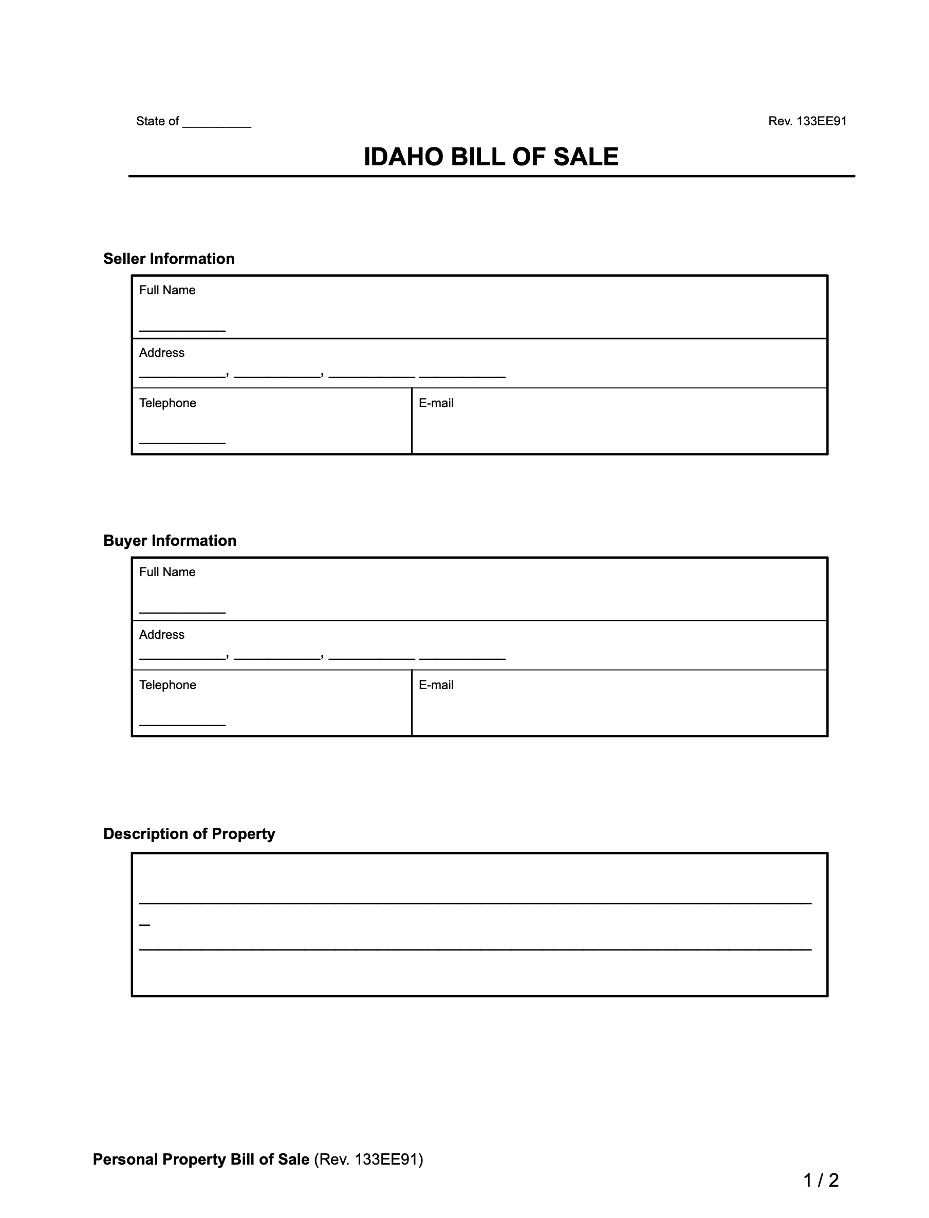 Free Idaho Bill Of Sale Forms Printable PDF amp Word