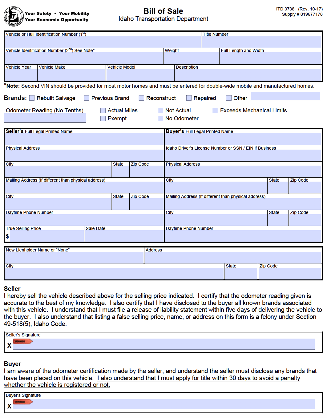 Bill Of Sale Form Printable Idaho