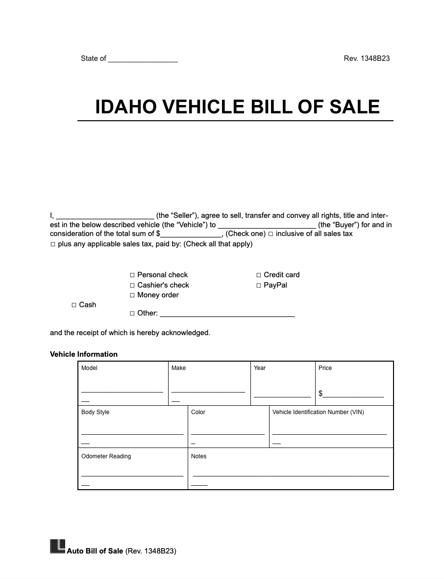 Free Idaho Vehicle Bill Of Sale Form PDF amp Word