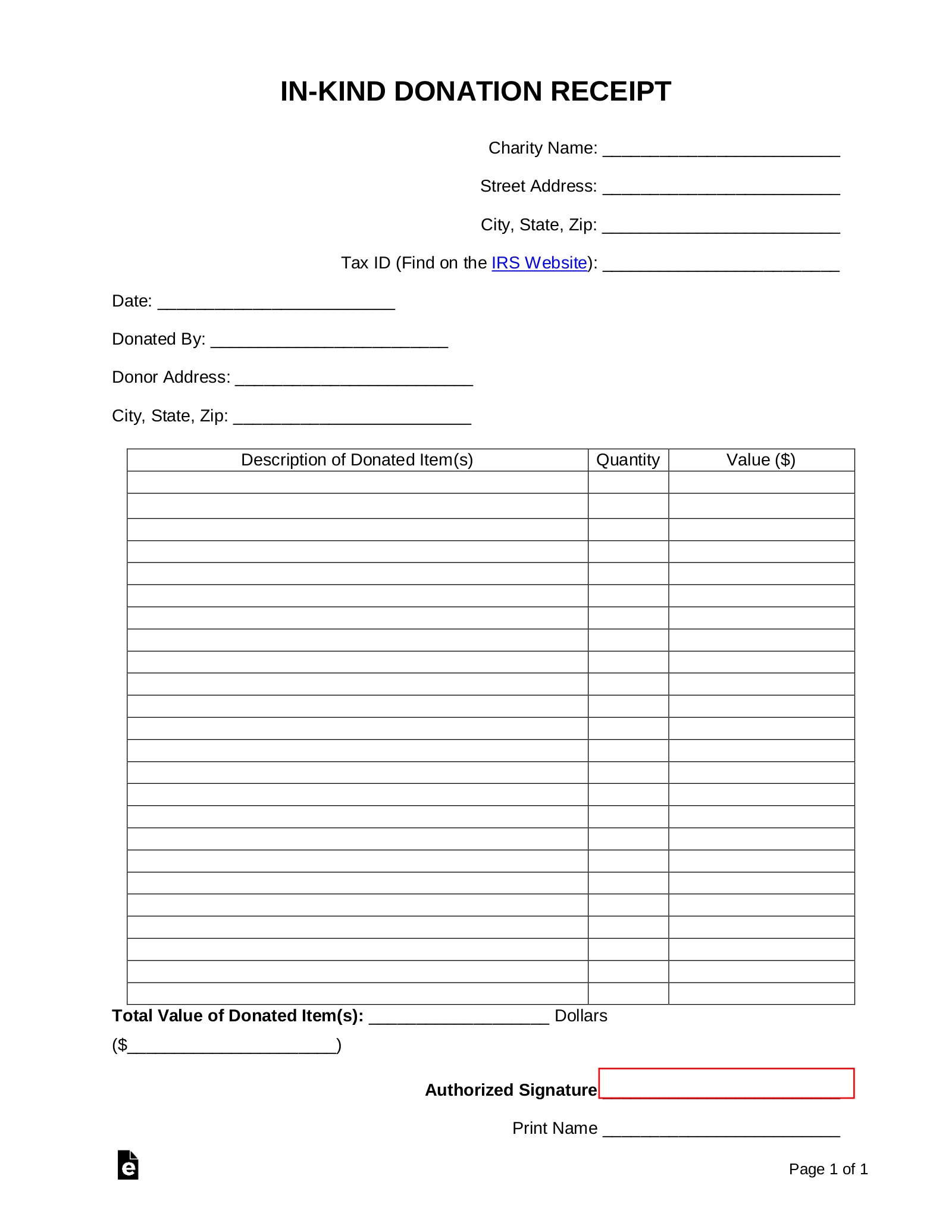 Free In Kind Personal Property Donation Receipt Template PDF 