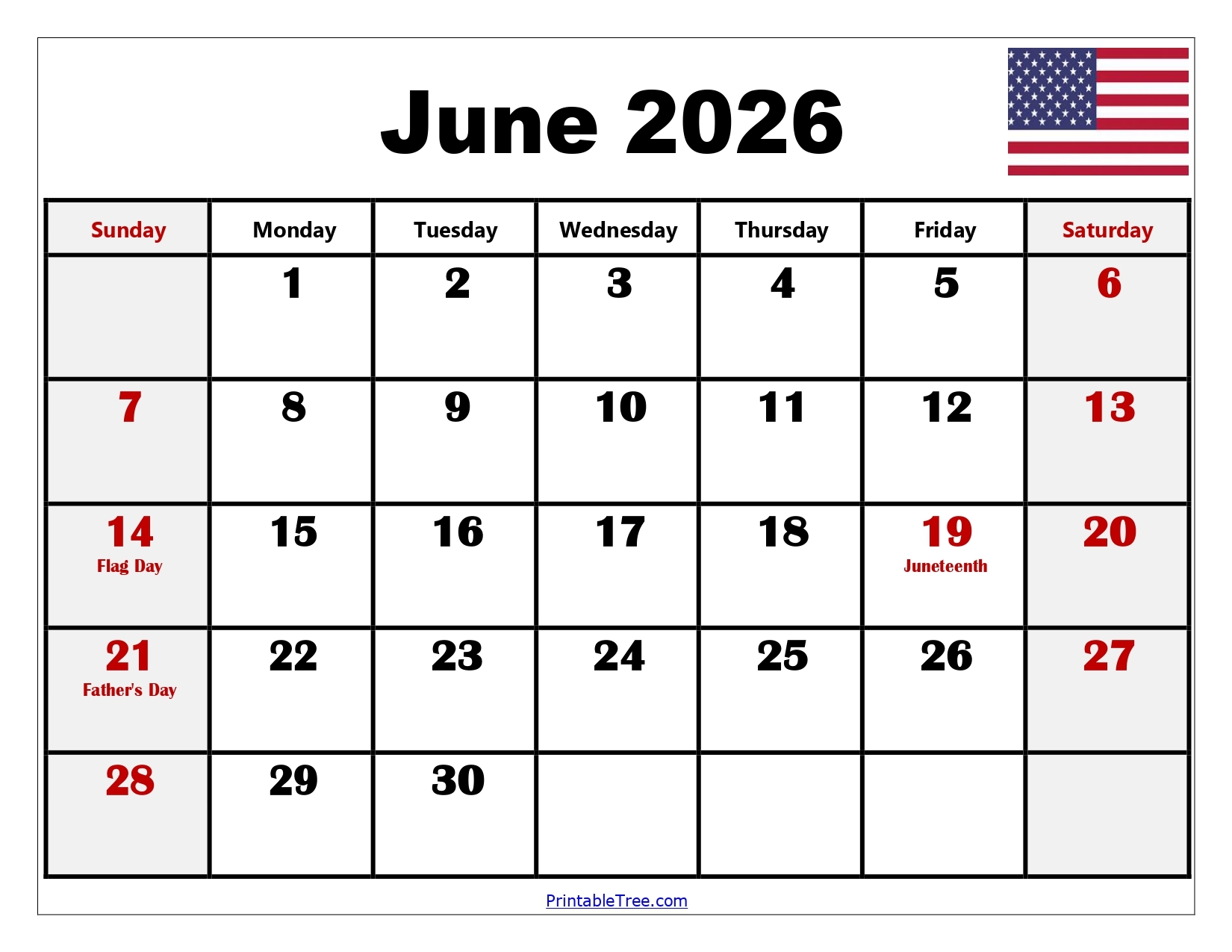 June Printable Calendar 2026