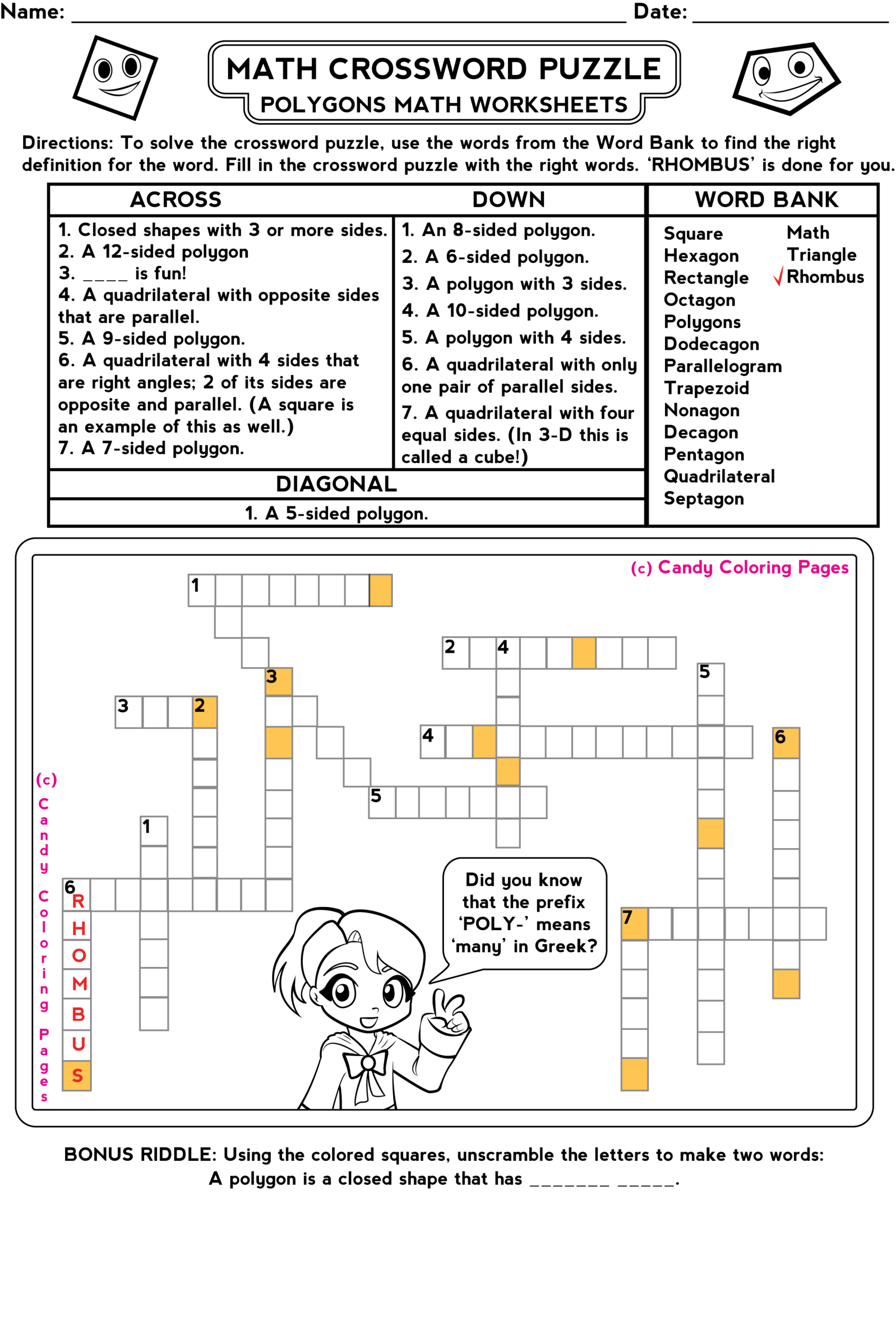 6th Grade Math Crossword Puzzles Printable