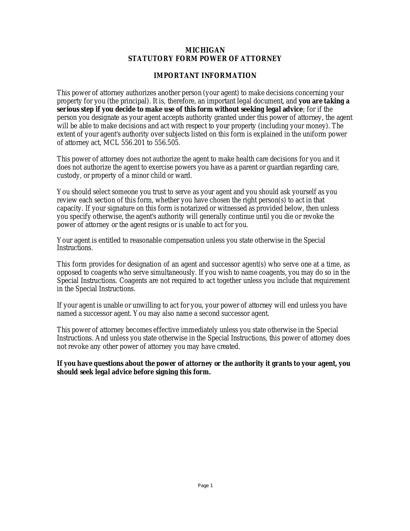 Free Michigan Durable Financial Power Of Attorney Form PDF 