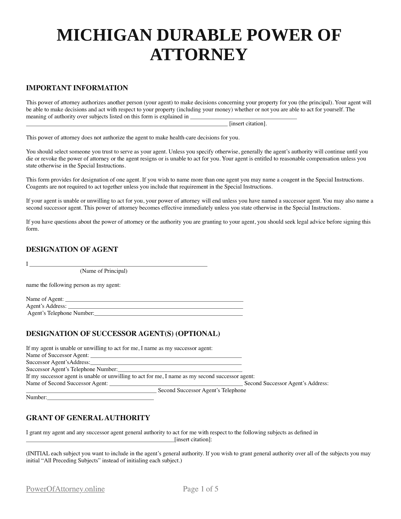 Free Michigan MI Durable Power Of Attorney Forms amp Templates PDF