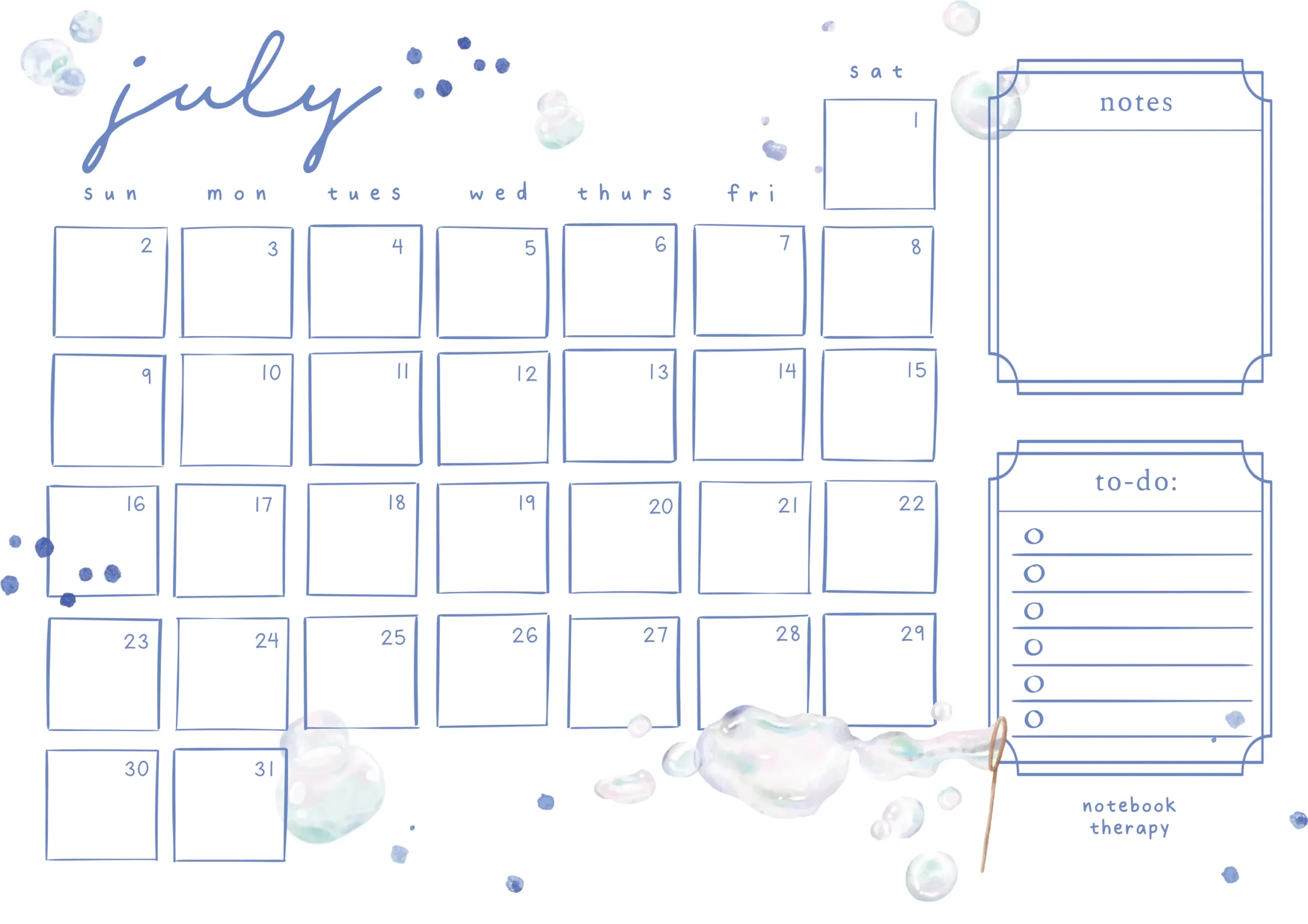 Bullet Journal Blank Calendar Printable