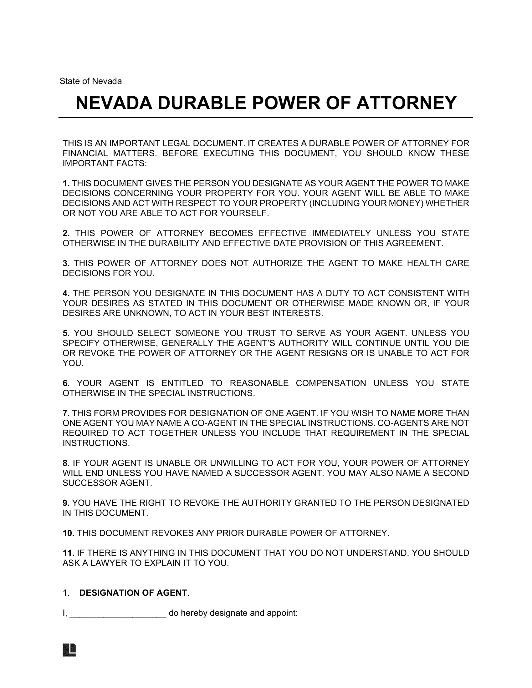 Free Nevada Durable Statutory Power Of Attorney Form PDF amp Word