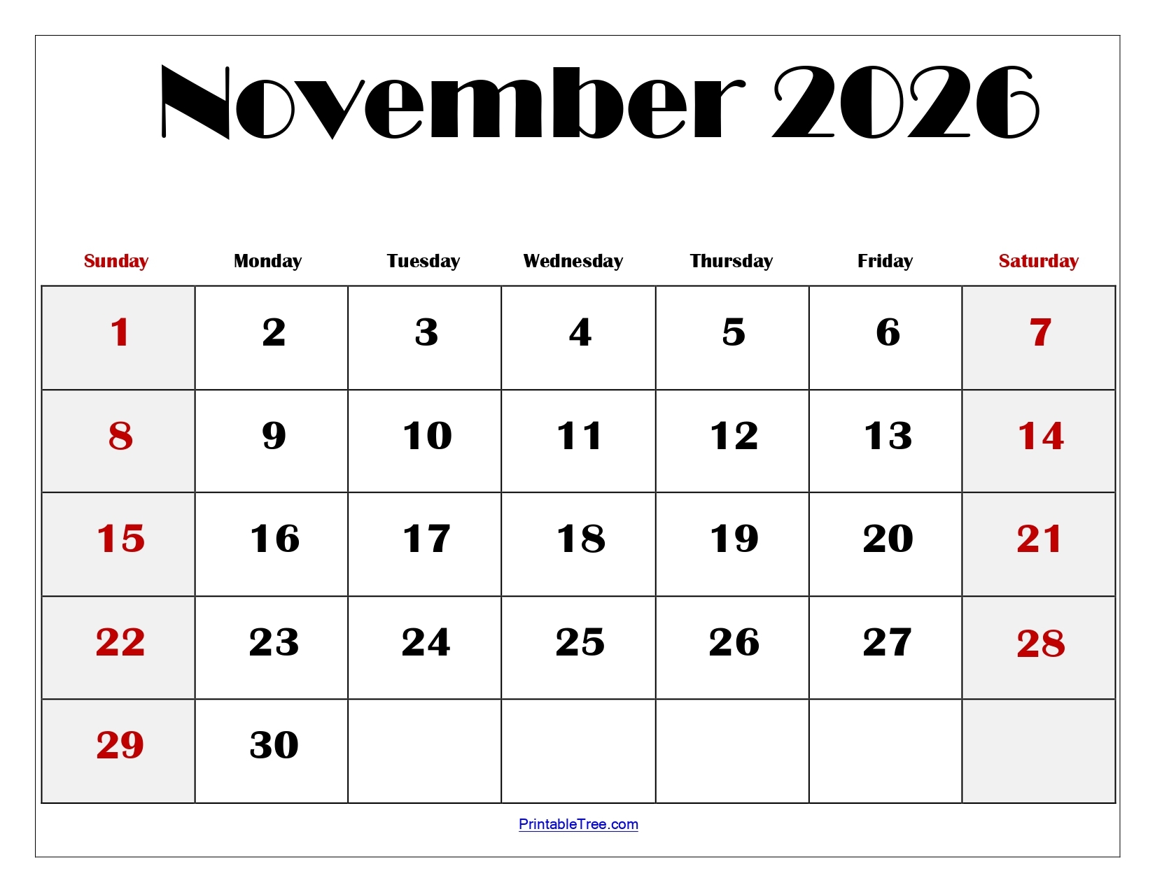 Printable November 2026 Calendar Memo