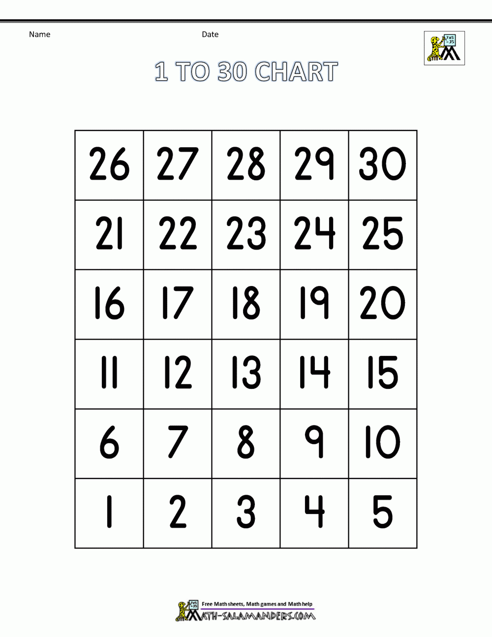 Printable Number Worksheets 1 30