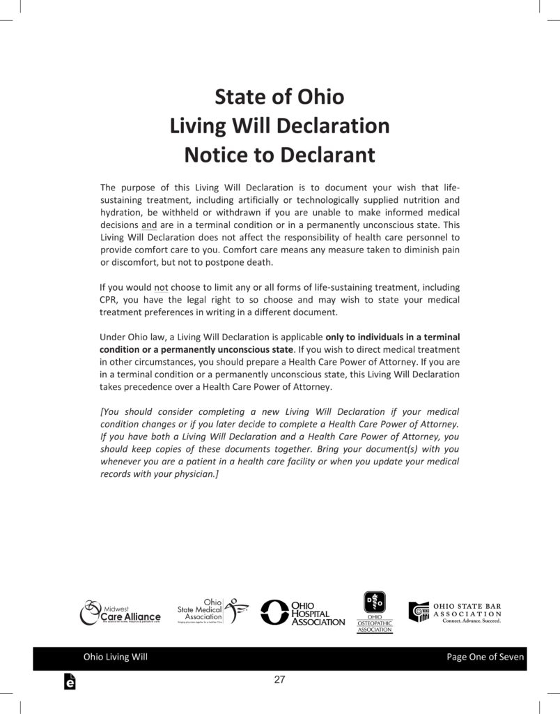 Free Ohio Living Will Form Declaration Template PDF EForms