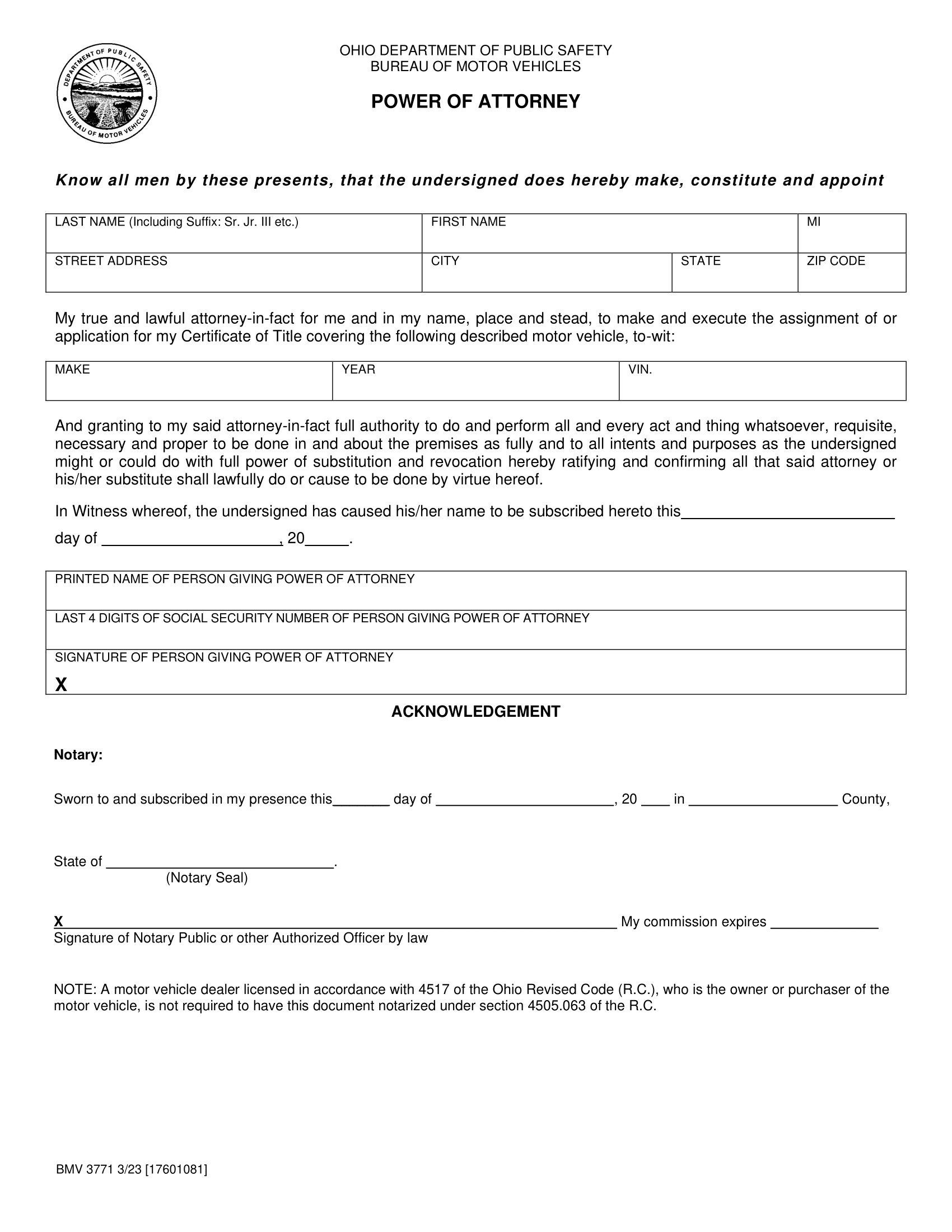 Free Ohio Motor Vehicle Power Of Attorney Form BMV 3771